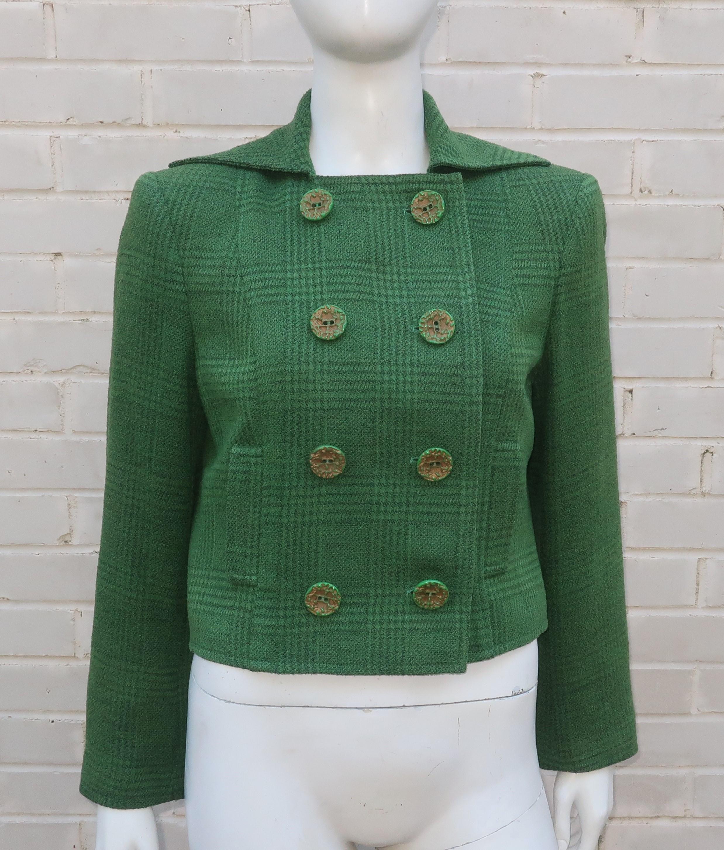 1980's Christian Lacroix double breasted cropped jacket in a green glen plaid wool crepe with a textured finish reminiscent of boucle.  The interior is lined in a bright green silk and the exterior features faux side pockets and wonderful large dark