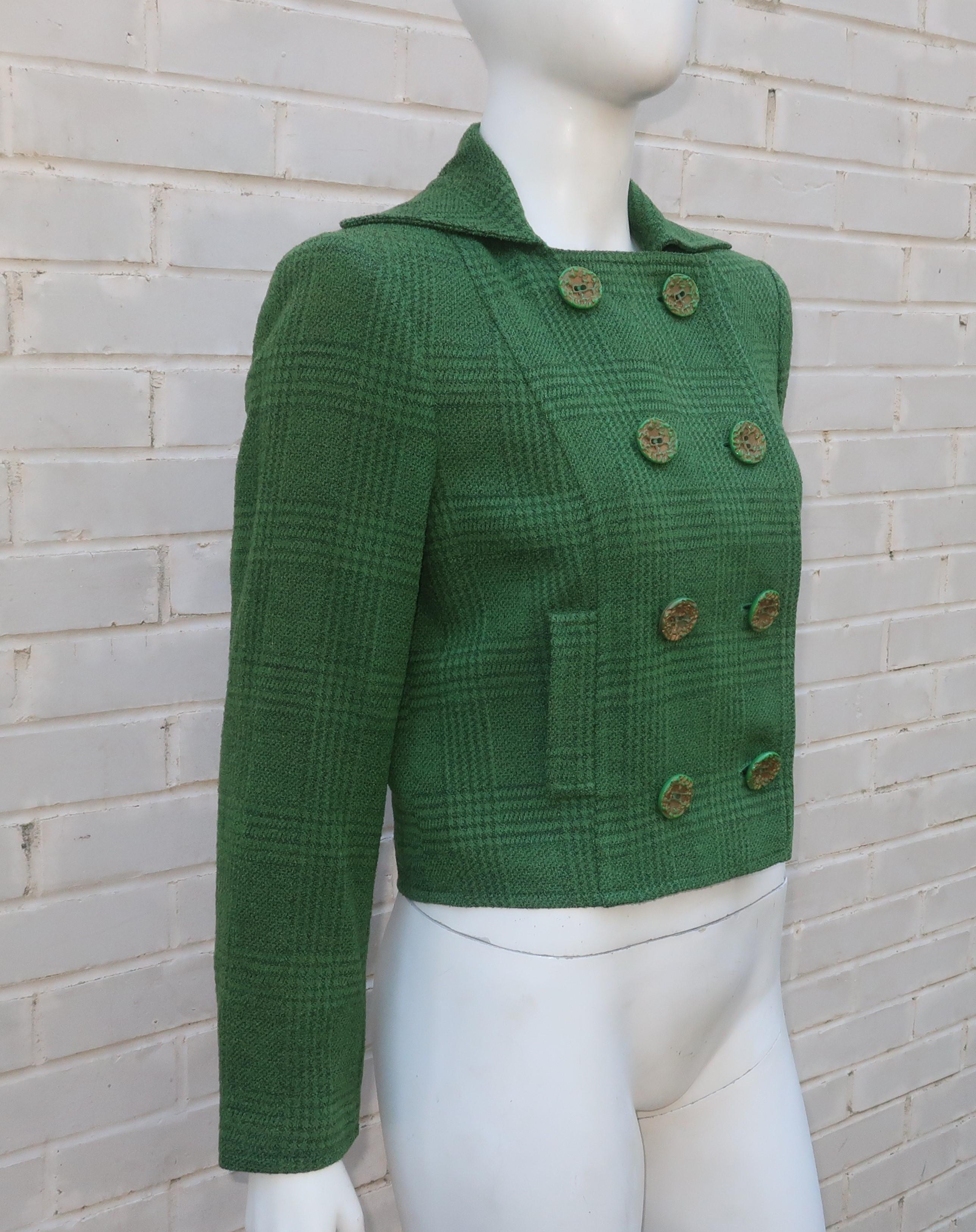Christian Lacroix Green Glen Plaid Wool Cropped Jacket, 1980's In Good Condition In Atlanta, GA