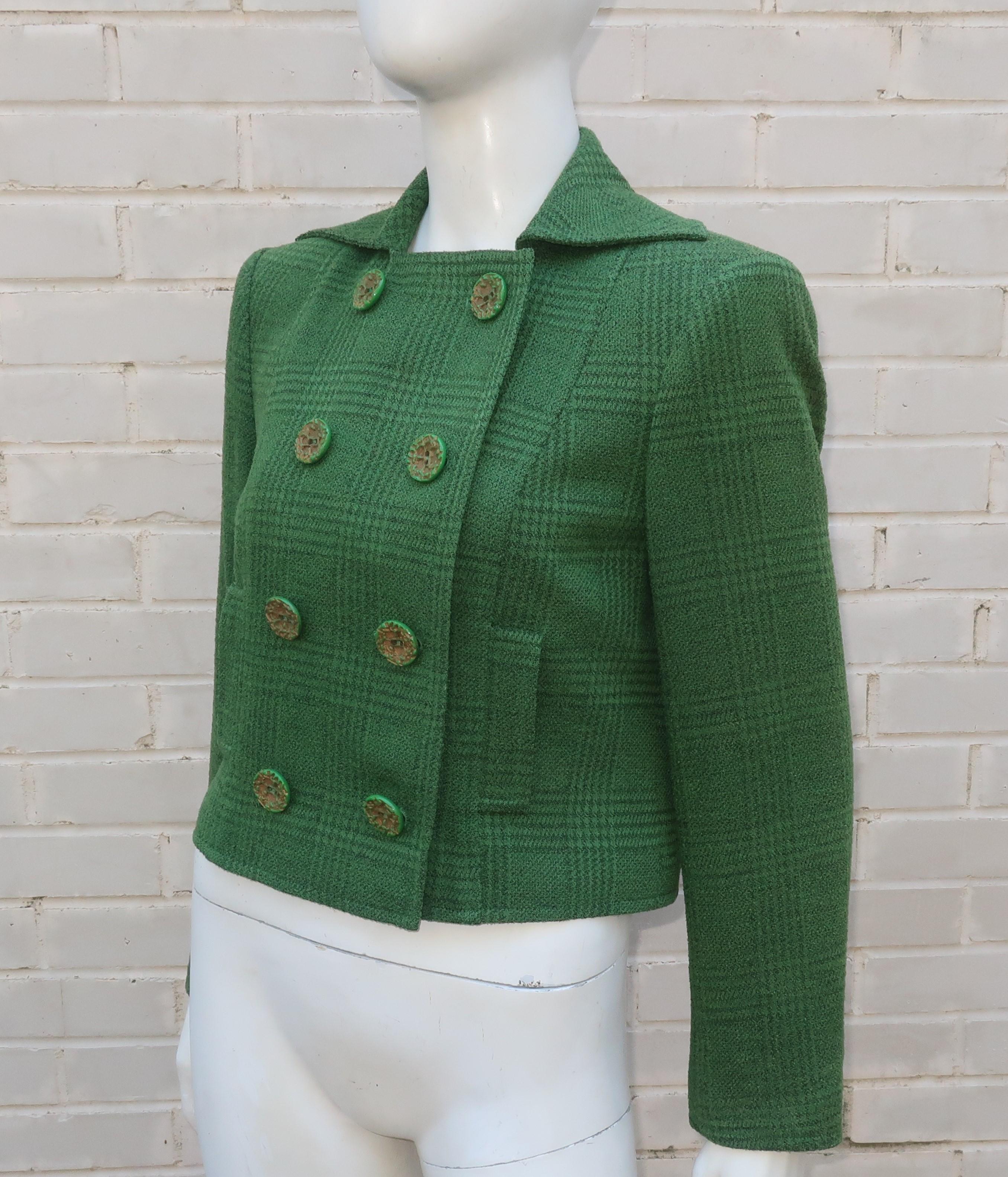 Christian Lacroix Green Glen Plaid Wool Cropped Jacket, 1980's 1