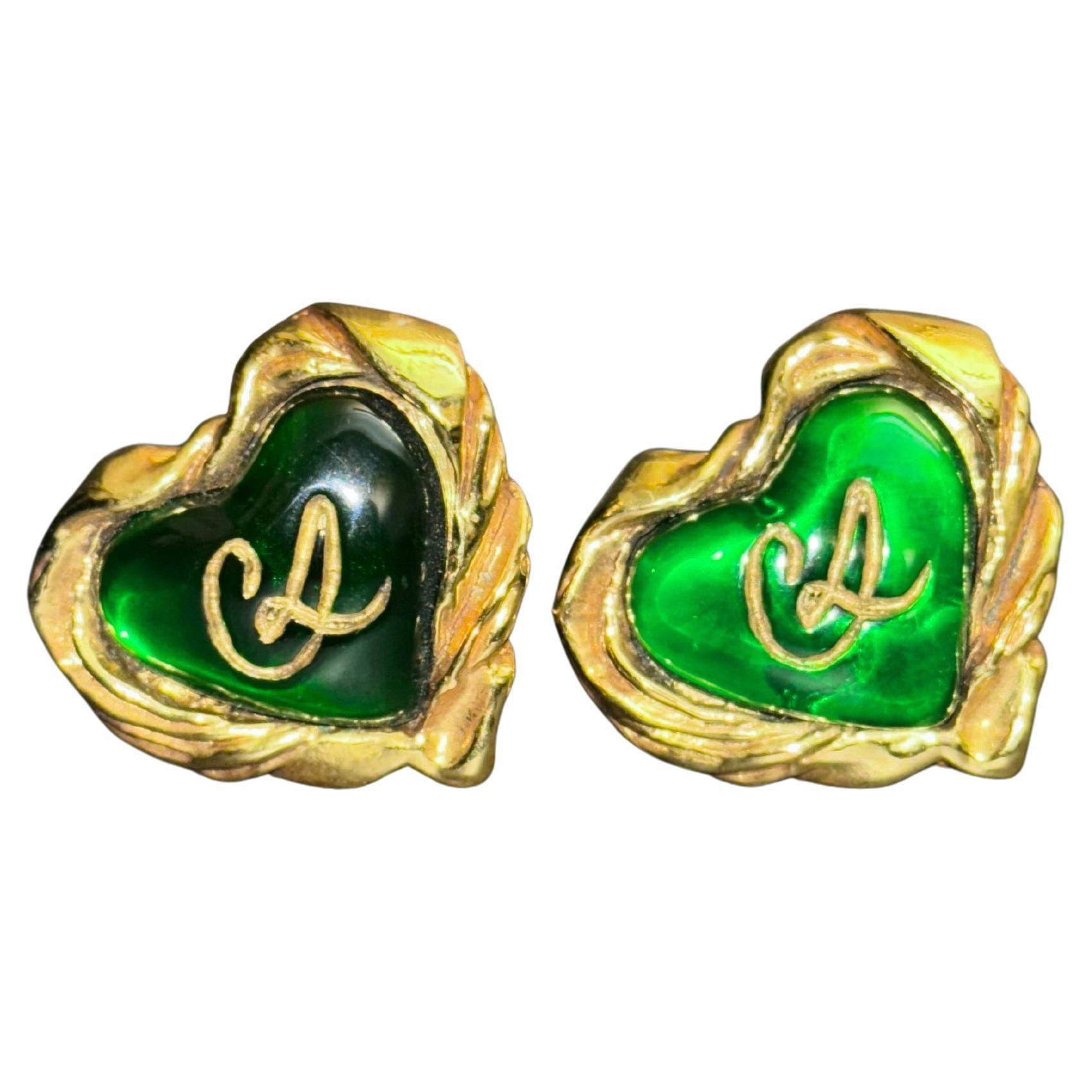 Christian Lacroix green gold toned hardware clip on earrings For Sale