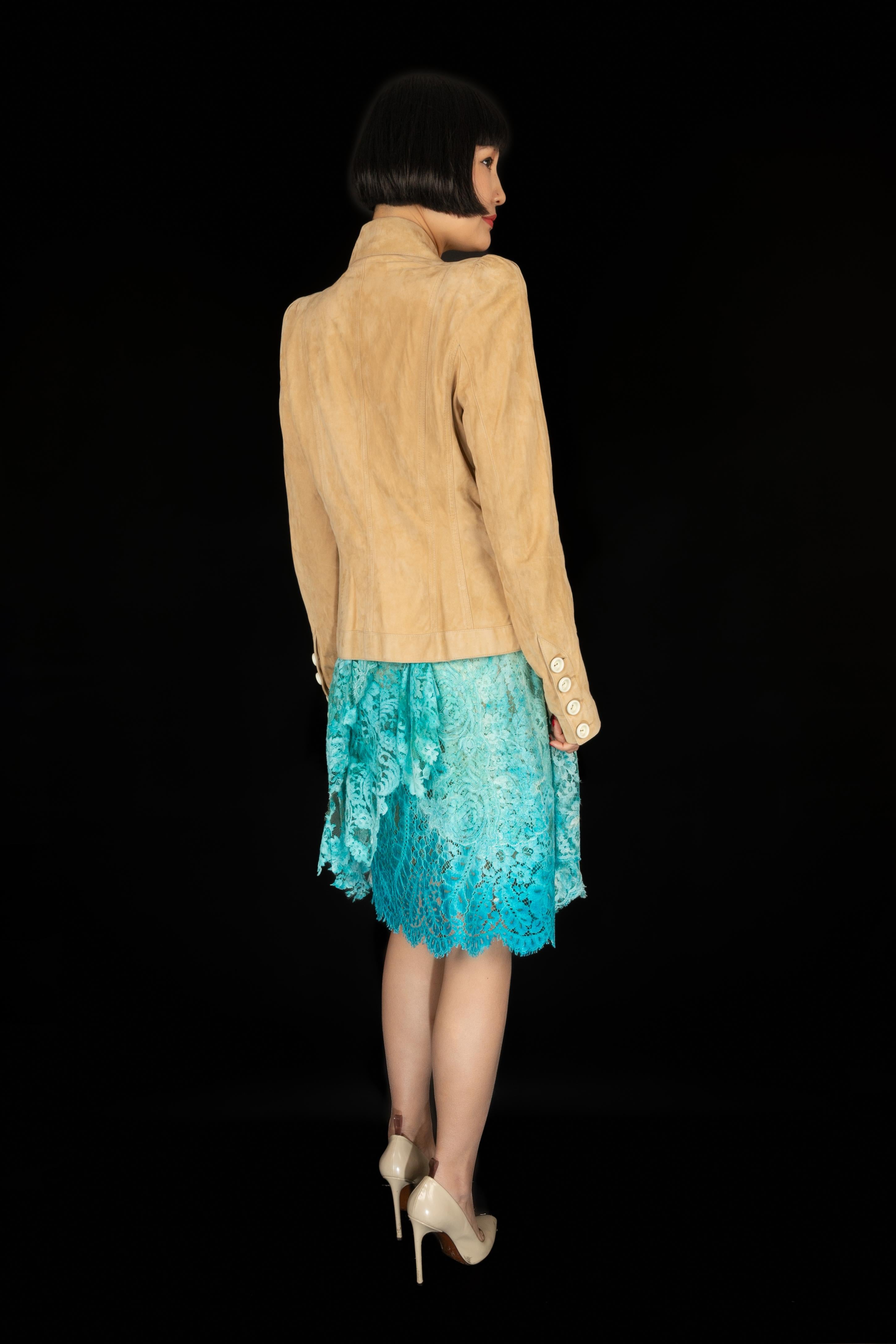 Christian Lacroix Haute Couture Blue Tie-and-Dye Lace Dress In Excellent Condition For Sale In SAINT-OUEN-SUR-SEINE, FR