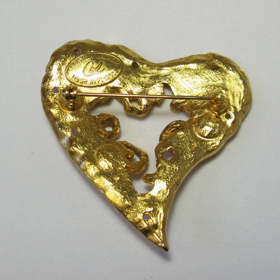 Women's CHRISTIAN LACROIX Heart Brooch in Gilt Metal and Colored Rhinestones