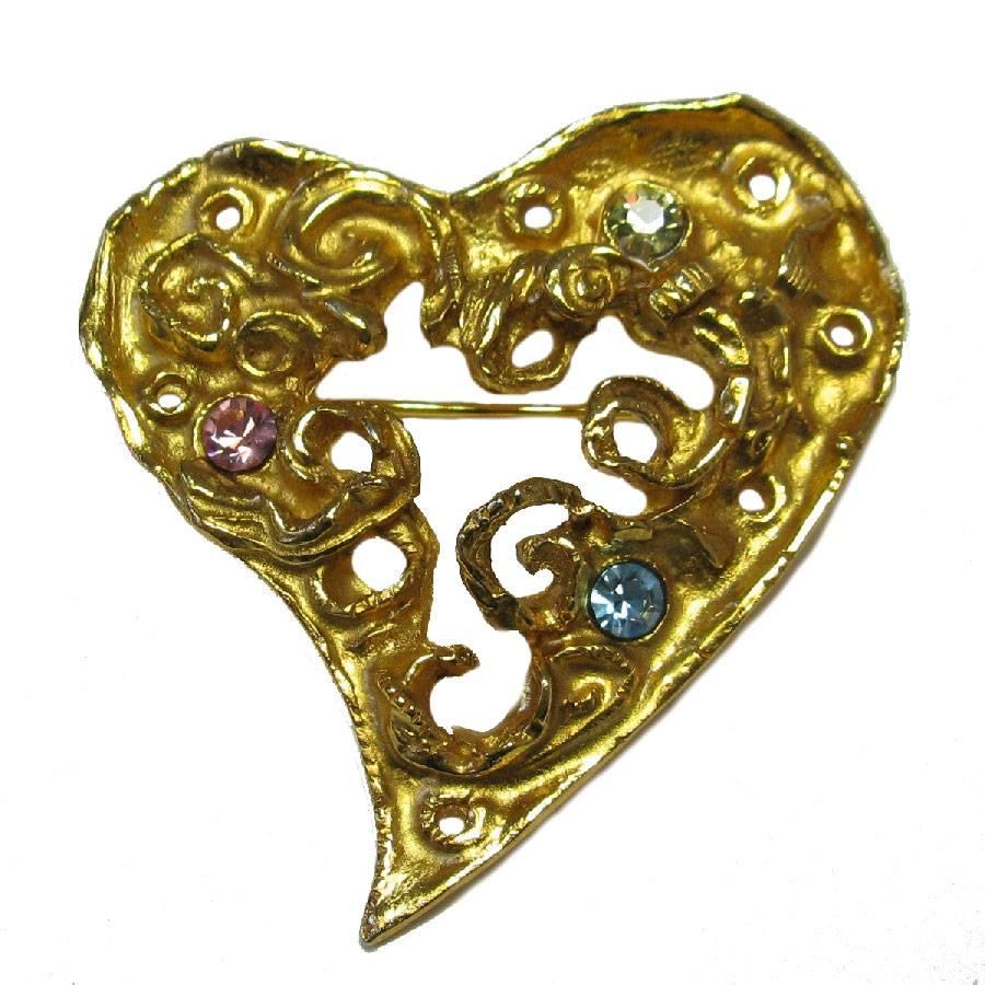 CHRISTIAN LACROIX Heart Brooch in Gilt Metal and Colored Rhinestones