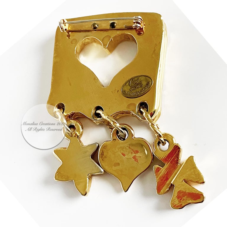 Christian Lacroix Heart Brooch with Dangle Charms Cross Heart Star