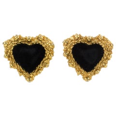 Vintage Christian Lacroix Heart Clip Earrings Black Velvet