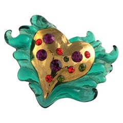 Vintage CHRISTIAN LACROIX Heart Fire Studded Rhinestones Green Lucite Resin Brooch