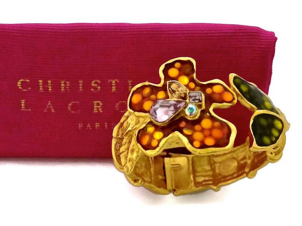 Women's CHRISTIAN LACROIX Iridescent Flower Rhinestone Enamel Rigid Bracelet Cuff For Sale