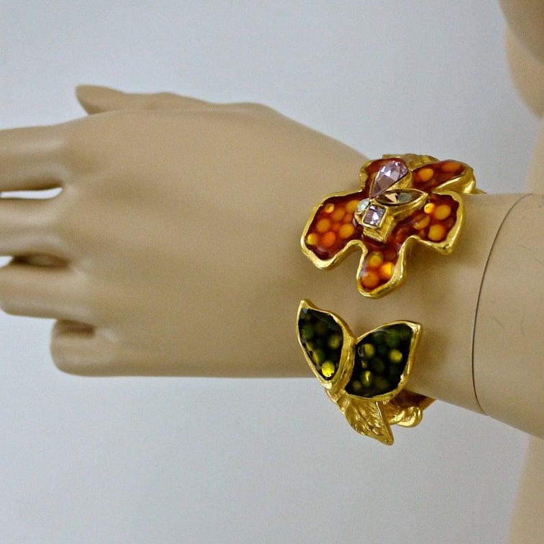 CHRISTIAN LACROIX Iridescent Flower Rhinestone Enamel Rigid Bracelet Cuff For Sale 1