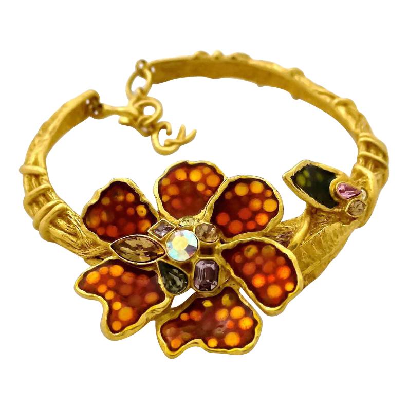 CHRISTIAN LACROIX Iridescent Flower Rhinestone Enamel Rigid Choker Necklace For Sale