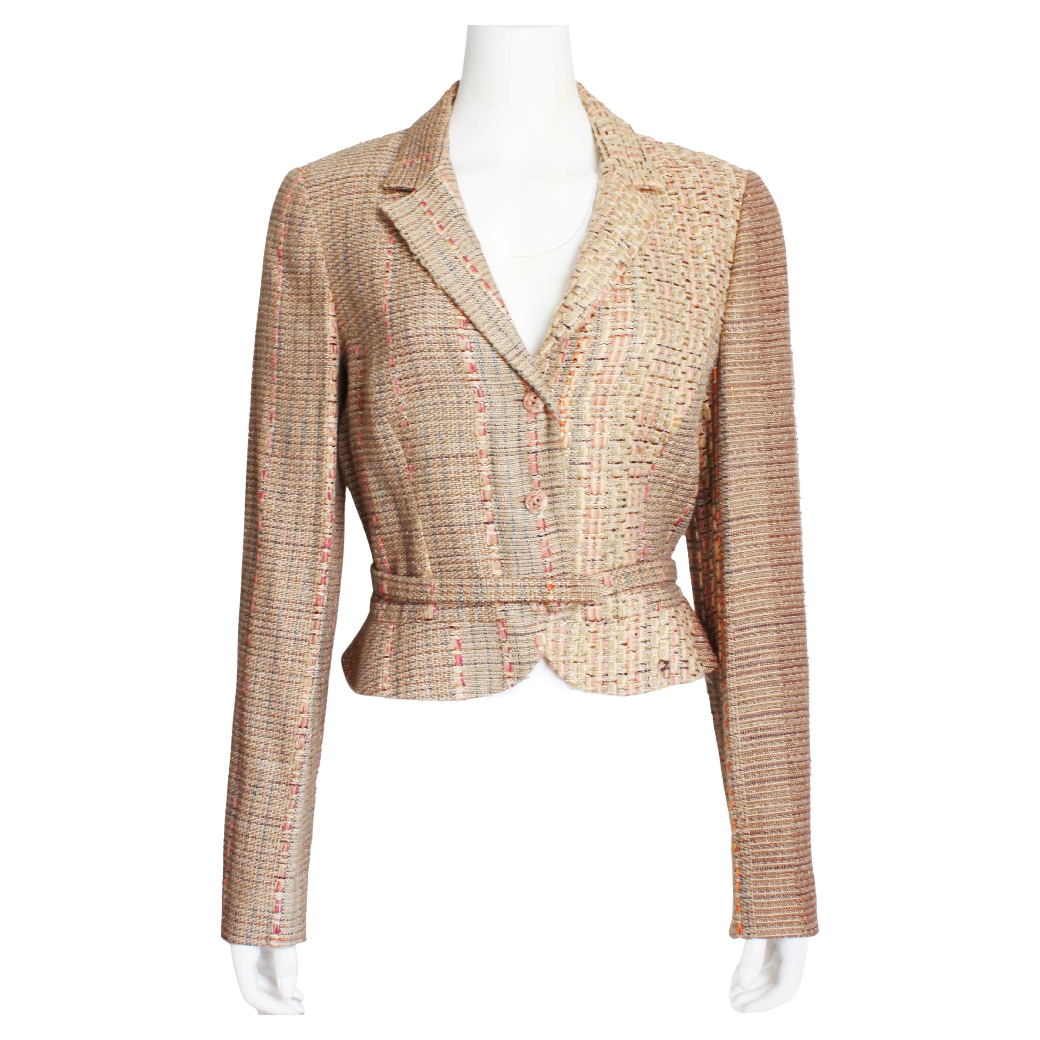 Christian Lacroix Jacket Multicolor Silk Blend Tweed Cropped + Matching Belt 42 For Sale