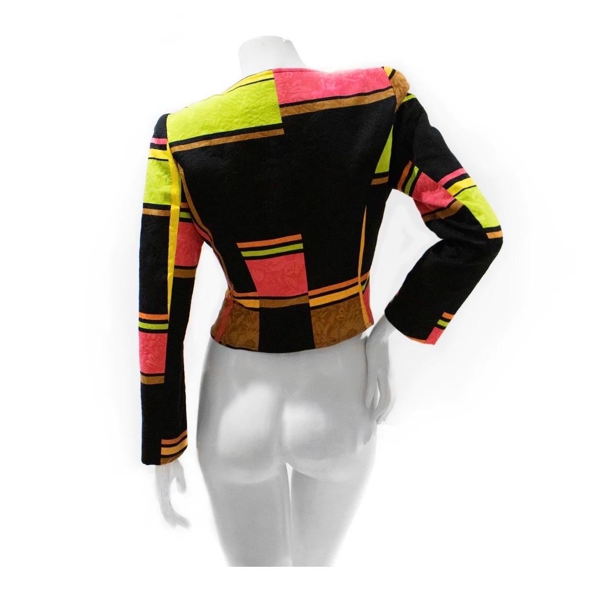 Christian Lacroix Jacket 
Spring / Summer 1997 Ready-to-Wear 
Made in France 
Black 
Lime green, yellow and hot pink block and stripe pattern 
Open 