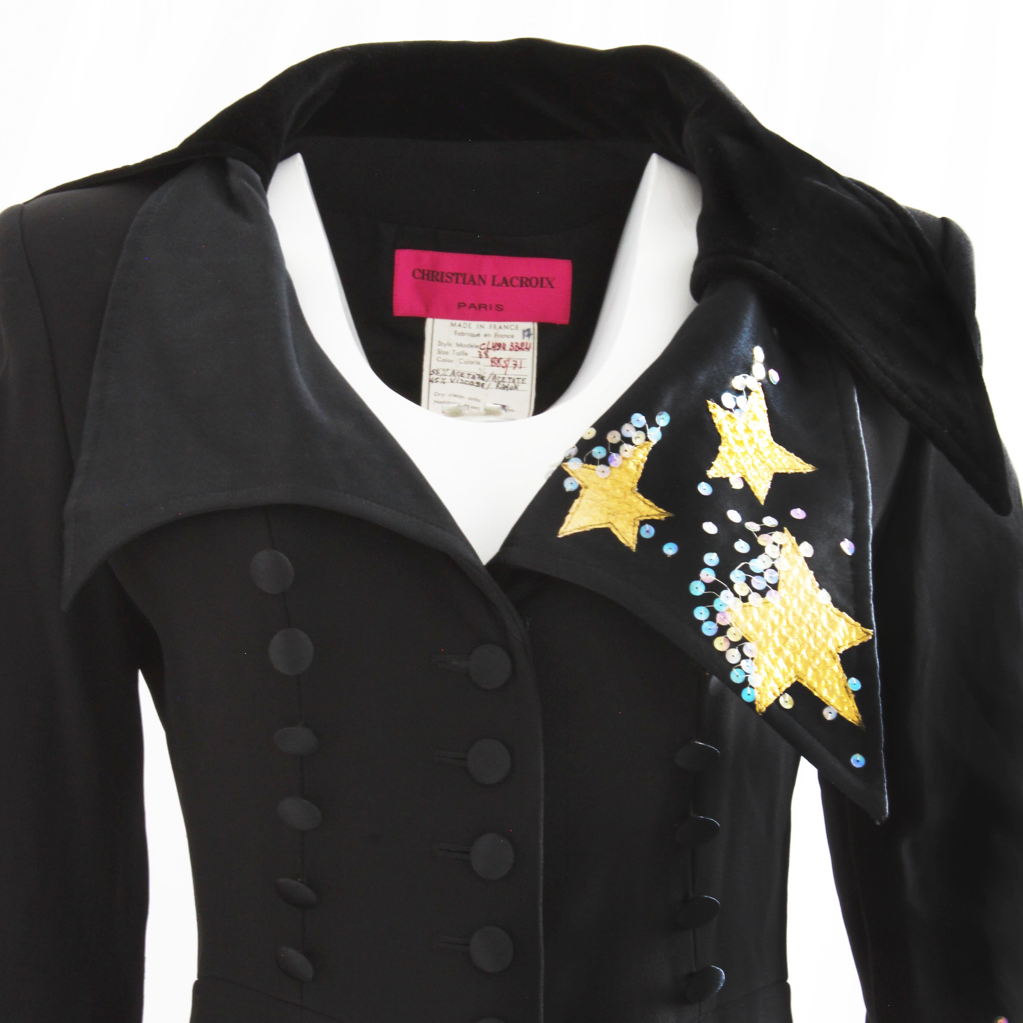 Christian Lacroix Jacket Stars and Sequins Black Structured Gabardine Velvet 90s In Good Condition For Sale In Port Saint Lucie, FL