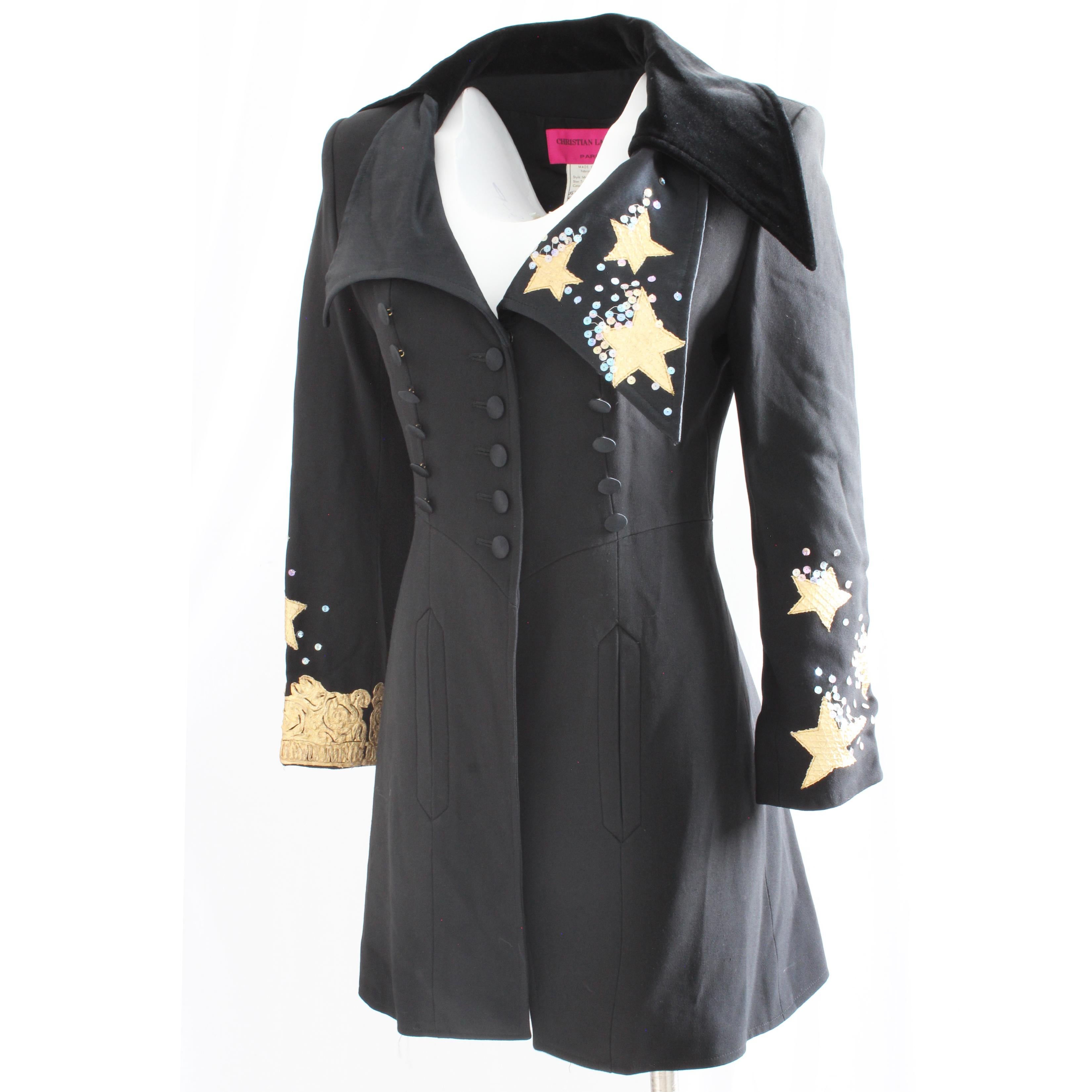 Women's Christian Lacroix Jacket Stars and Sequins Black Structured Gabardine Velvet 90s For Sale