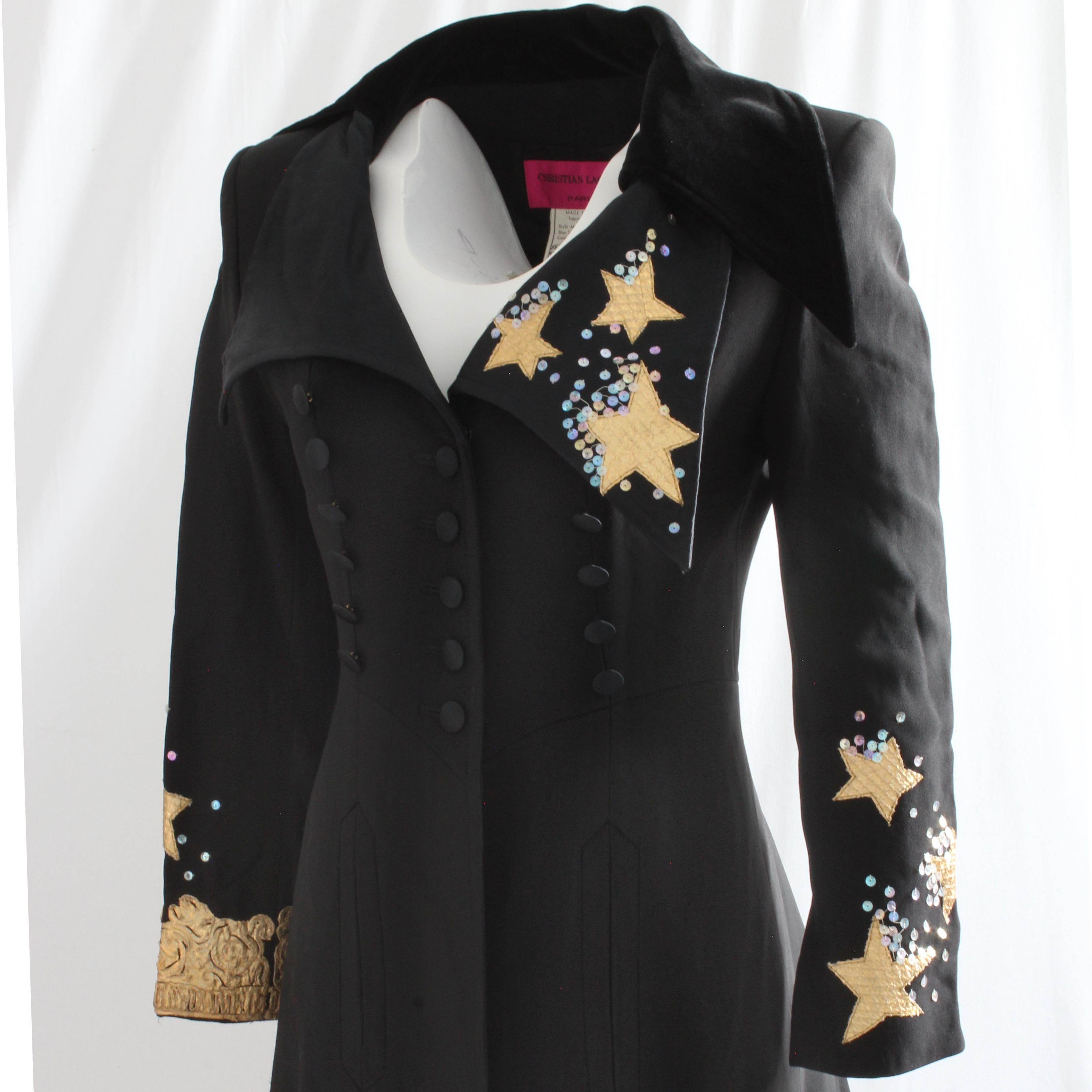 Christian Lacroix Jacket Stars and Sequins Black Structured Gabardine Velvet 90s For Sale 1