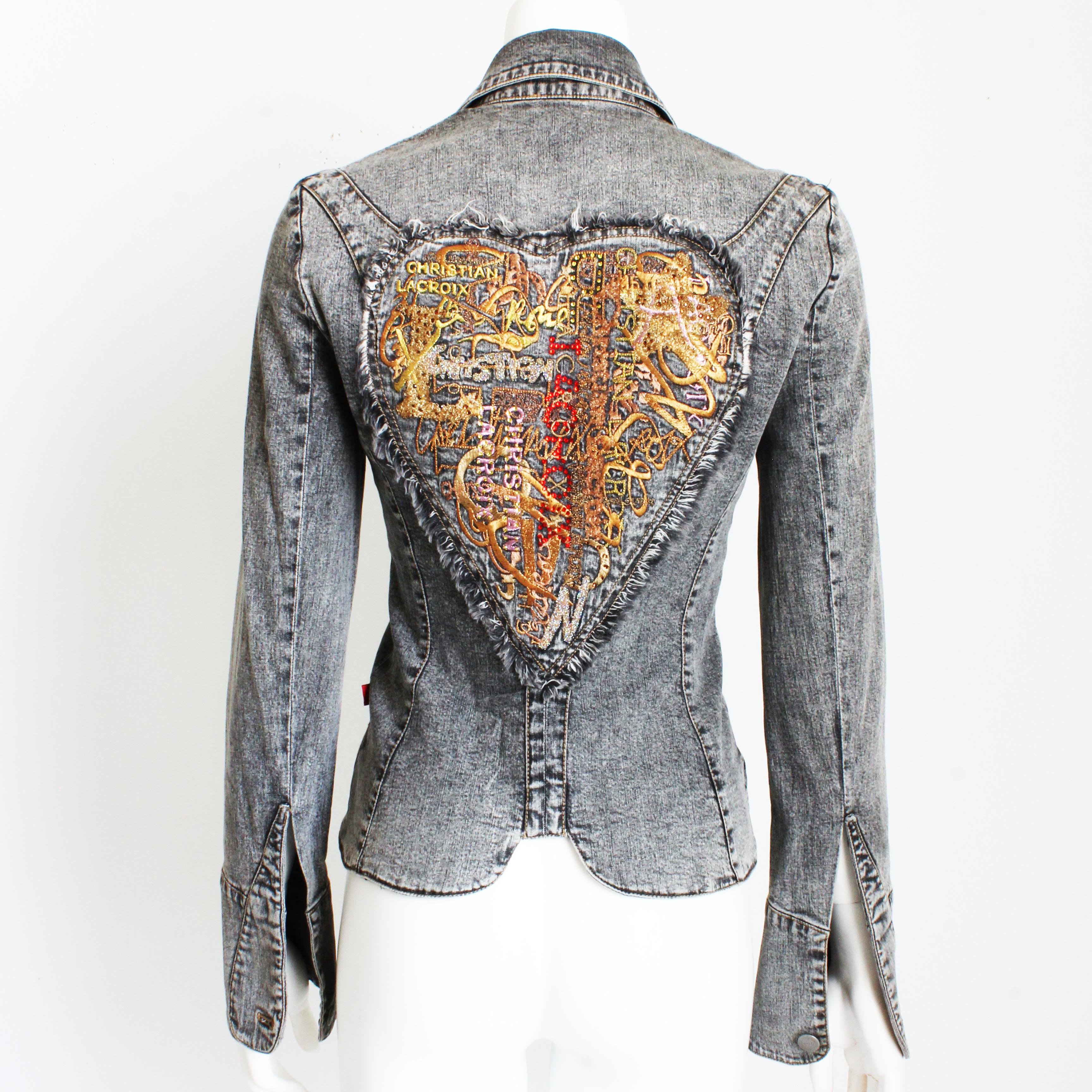 Christian Lacroix Jacket with Embellished Heart Distressed Denim Y2K Size 38  2