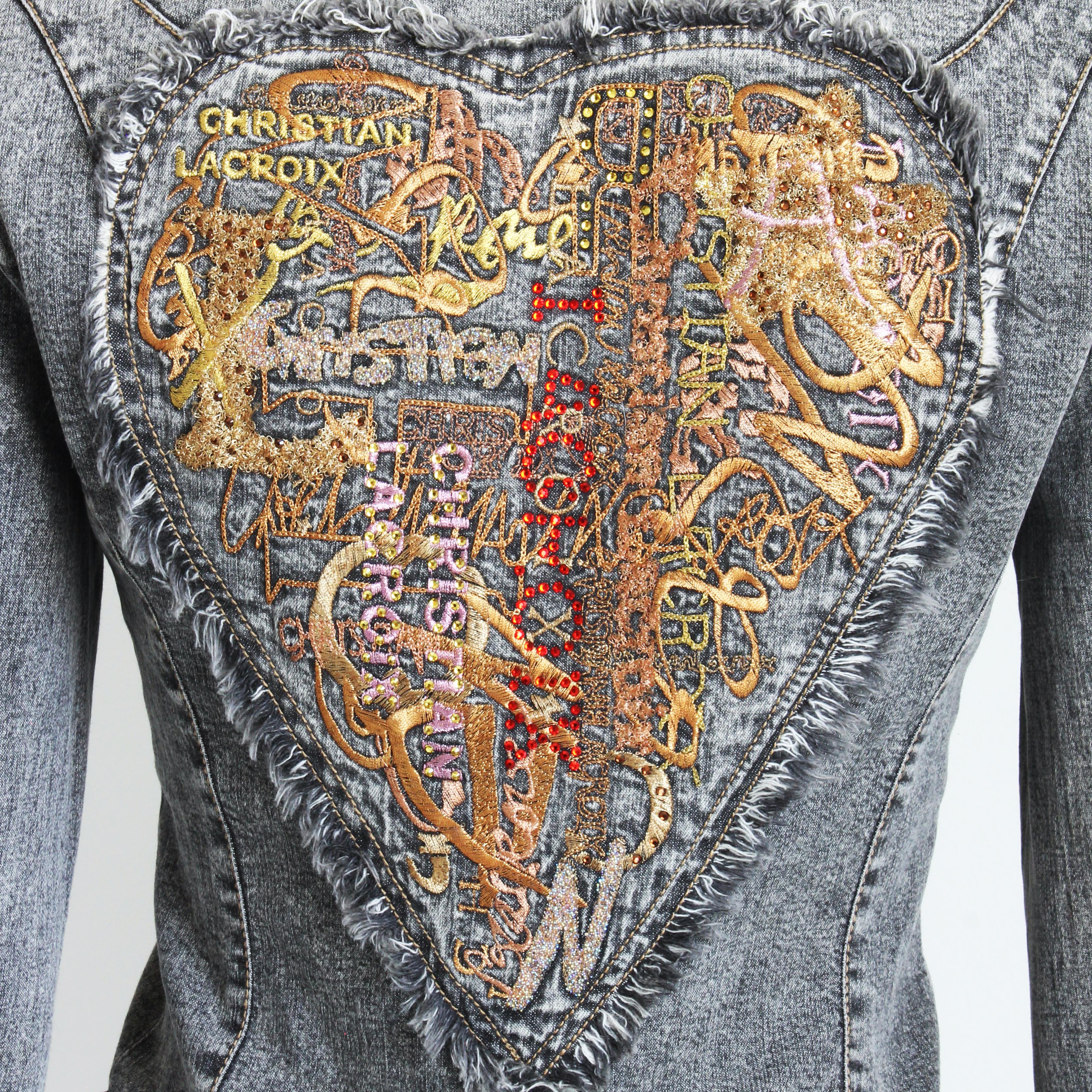 Christian Lacroix Jacket with Embellished Heart Distressed Denim Y2K Size 38  3
