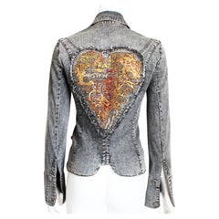 Christian Lacroix Jacket with Embellished Heart Distressed Denim Y2K Size 38 