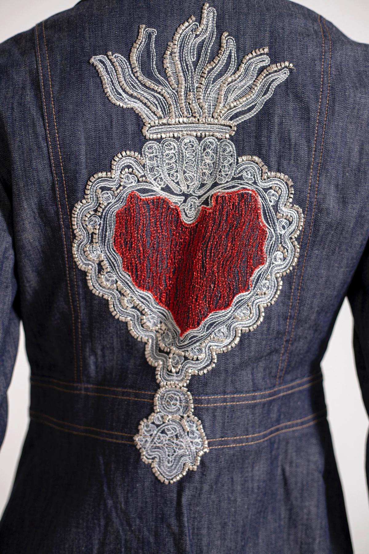 Black Christian Lacroix Jeans Jacket with Embroidered Heart For Sale