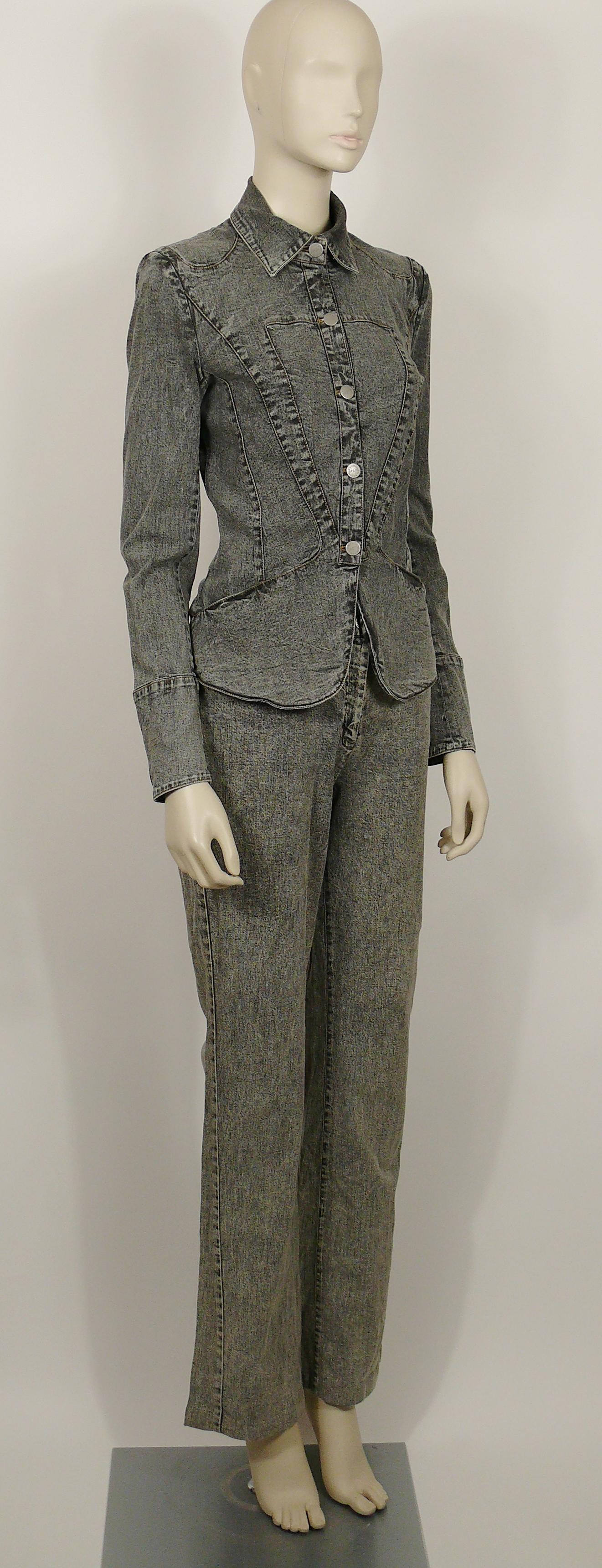 CHRISTIAN LACROIX JEANS vintage grey distressed denim jacket and trousers featuring amazing embroidered hearts.

The jacket features :
- Grey distressed denim featuring a large embroidered and jewelled heart at the back.
- Classic collar.
- Long