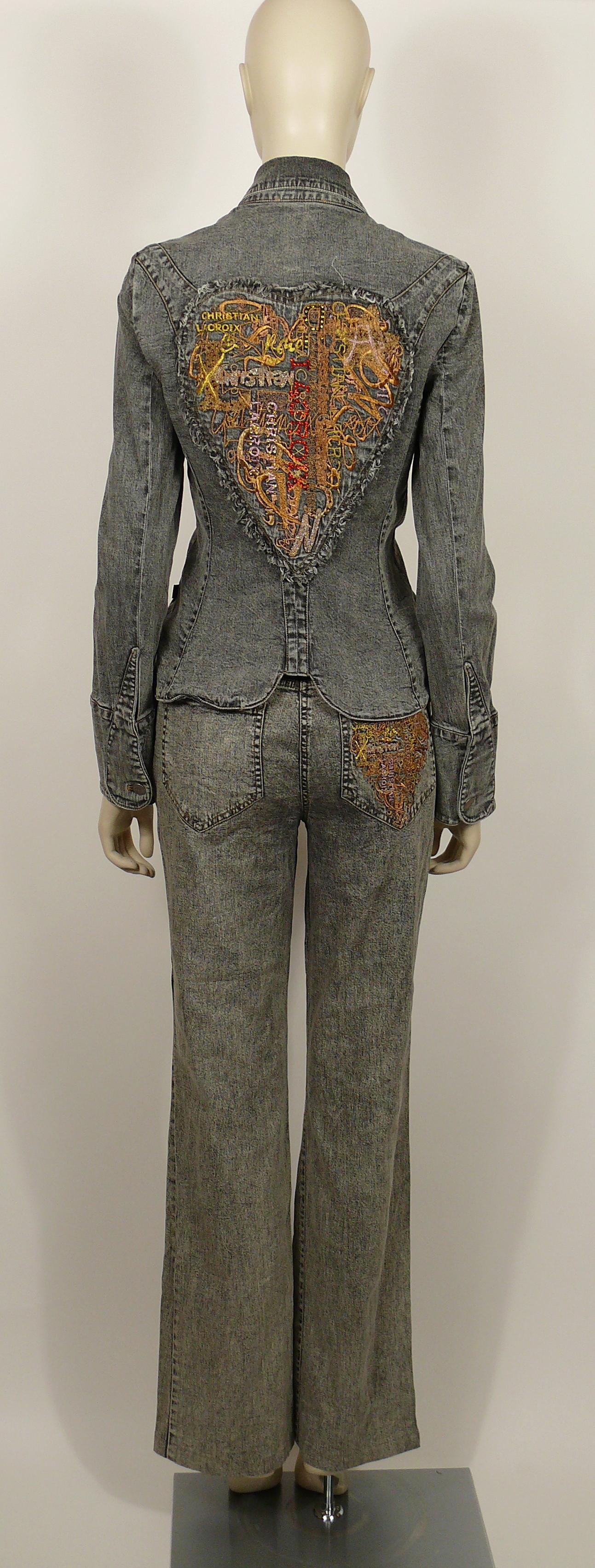 Christian Lacroix Jeans Veste et pantalon vintage brodés en denim en forme de cœur Bon état - En vente à Nice, FR