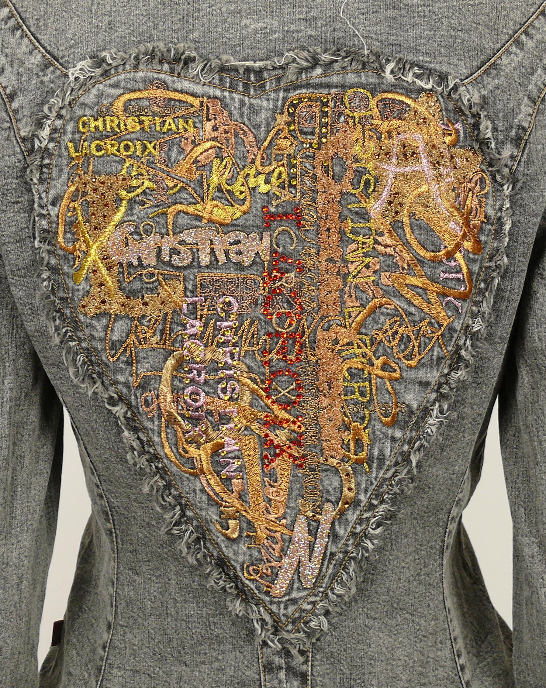 Black Christian Lacroix Jeans Vintage Embroidered Heart Denim Jacket & Trousers For Sale