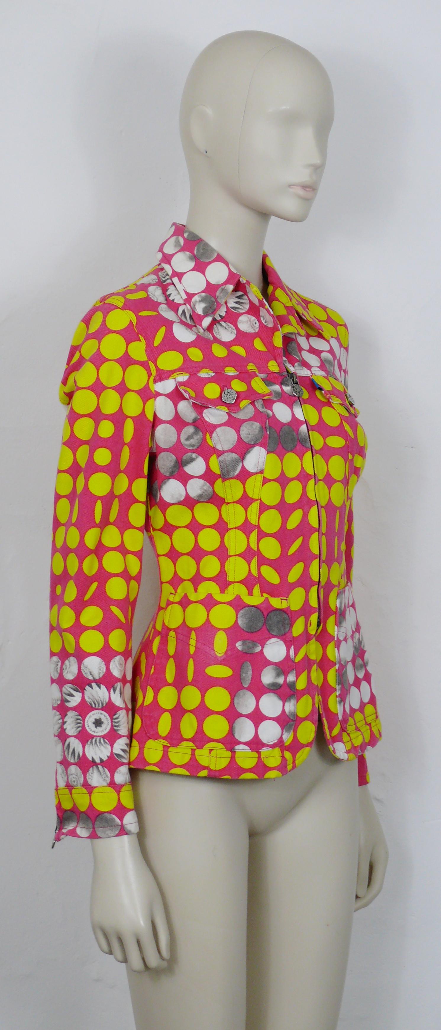 CHRISTIAN LACROIX vintage colourful Op Art print cotton jacket.

This jacket features :
- Multicolor polka dot print in yellow/white/grey on a pink background.
- Op art illusion featuring parts of faces and flowers appearing (if you look at the