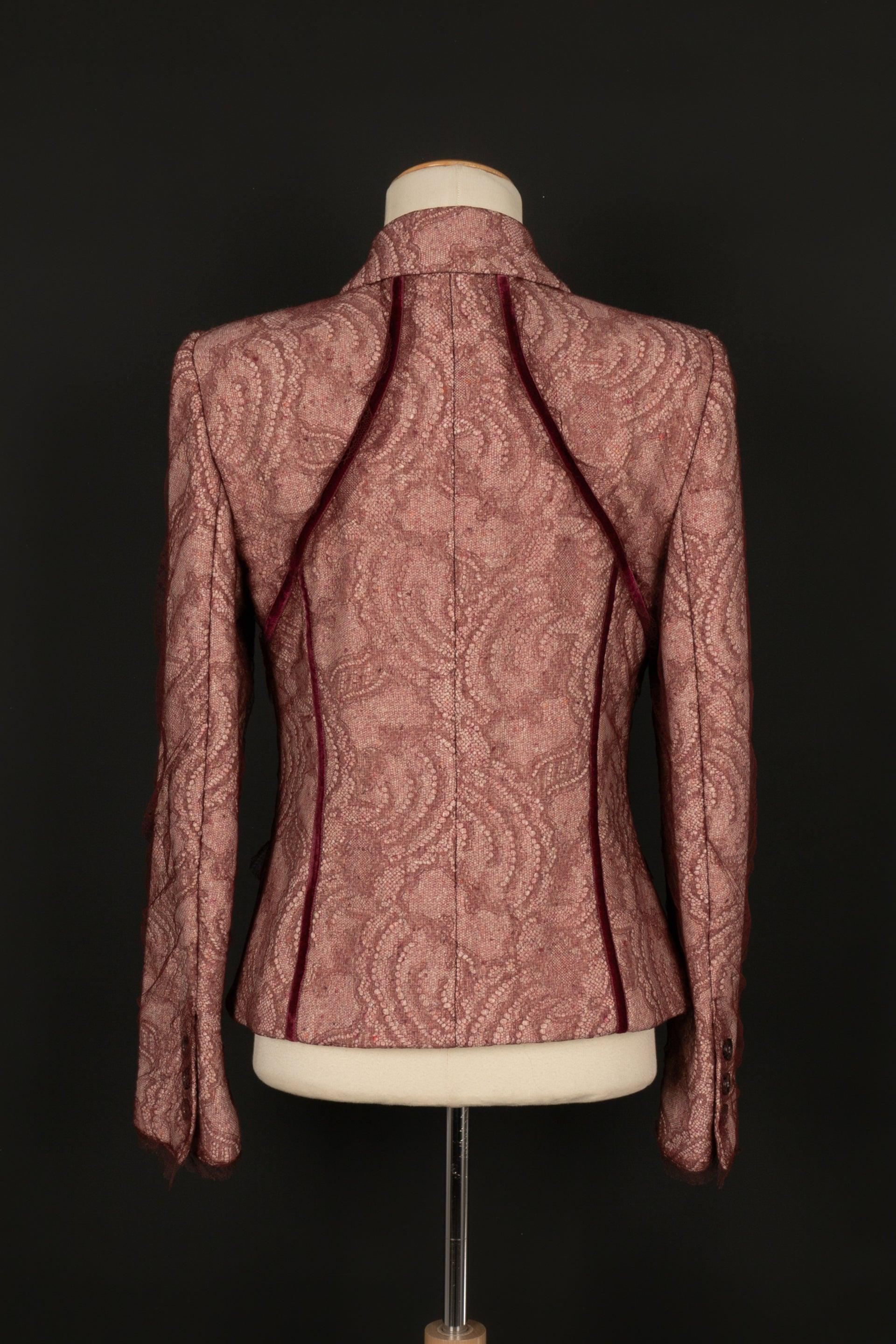 Brown Christian Lacroix Lace Jacket in Pink Tones with Printed Cotton Lining, 2000s For Sale