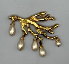 Christian Lacroix Large Gold with Pearl Dangles Branch Brooch, 1990s