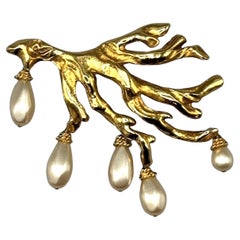 Christian Lacroix Large Gold with Pearl Dangles Branch Brooch, 1990s