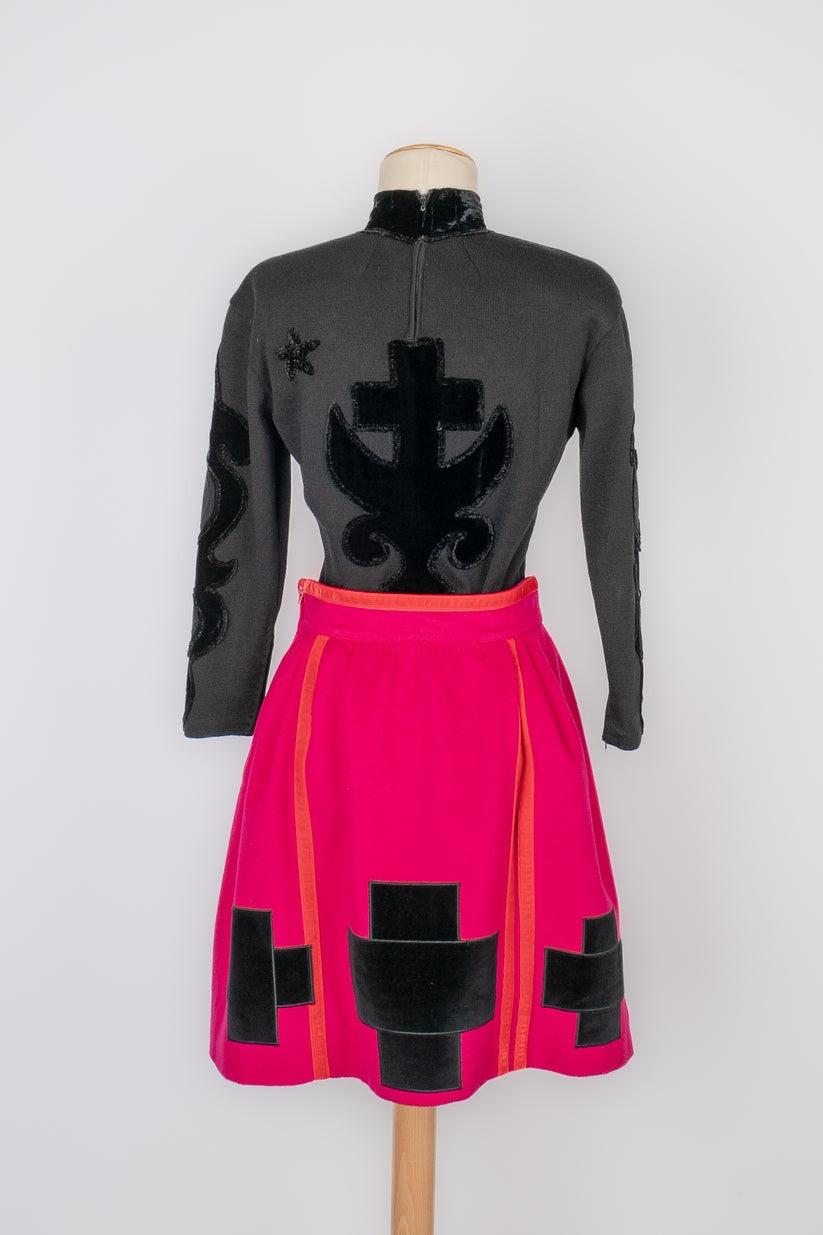 Christian Lacroix Long-Sleeve Top and Pink Skirt with Black Velvet Set For Sale 6