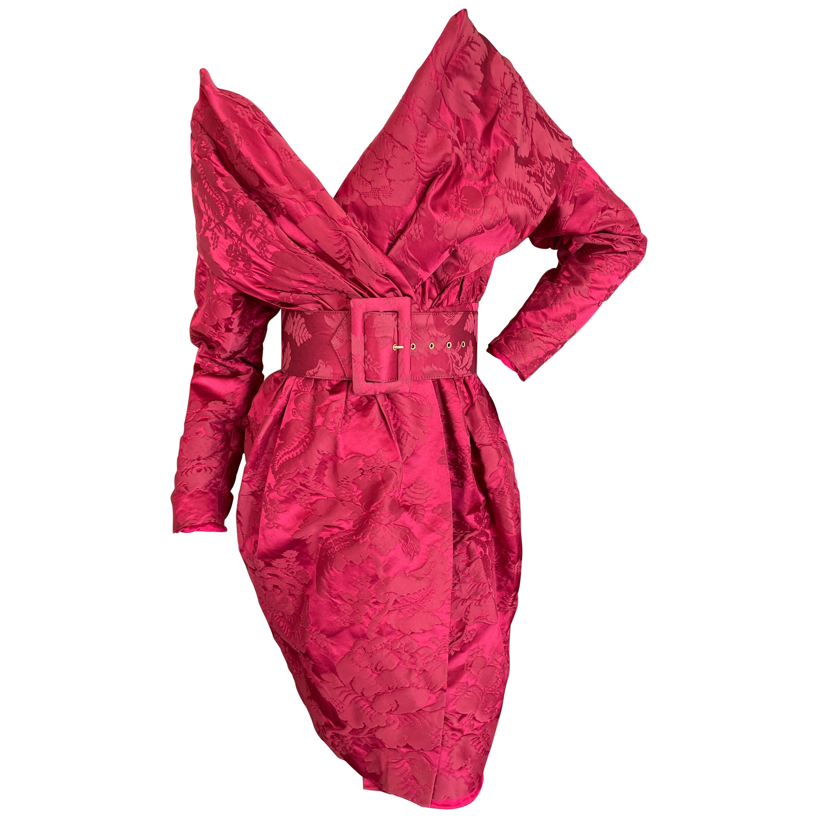 Christian Lacroix Luxe Collection Fall 1988 Vermillion Jacquard Belted Dress 