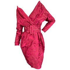 Christian Lacroix Luxe Collection Fall 1988 Vermillion Jacquard Belted Dress