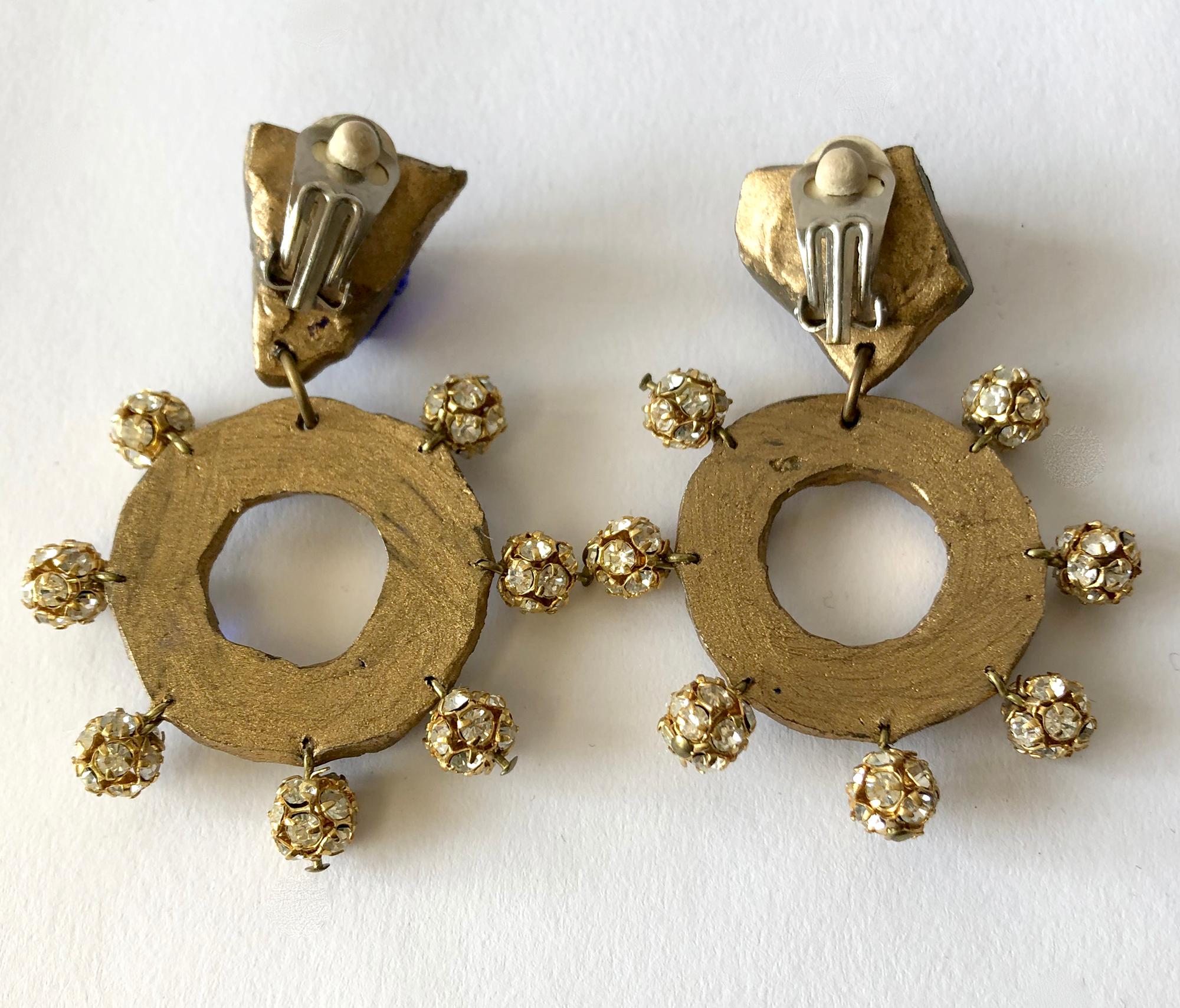 Glass mirror with glass nuggets and rhinestone earrings designed and created by Christian Lacroix for his 1987 Luxe Collection.  Earrings measure 2.75