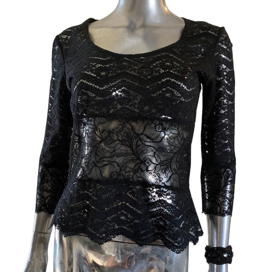 Christian Lacroix Paris Mixed Lace Knit Blouse with Scallop Bottom Size 10 For Sale 1