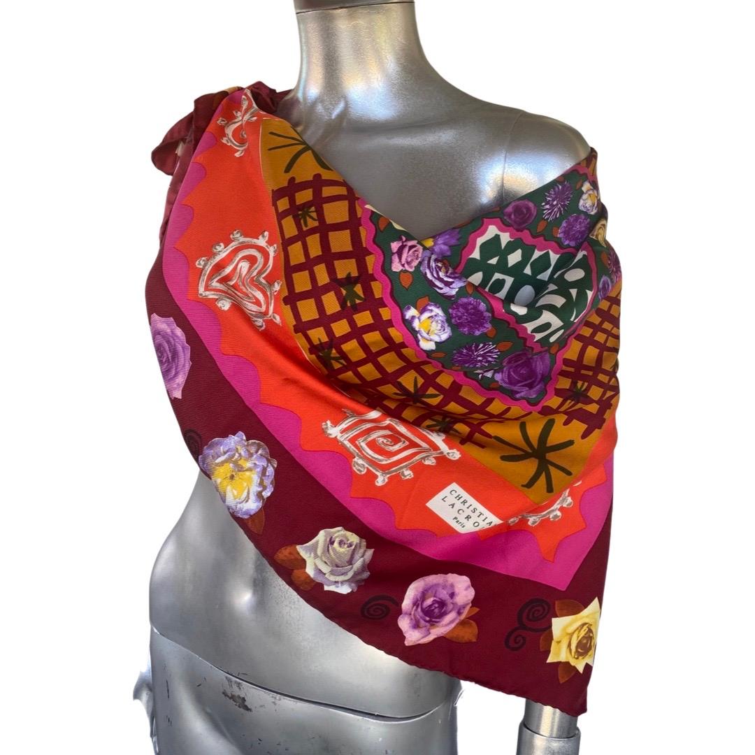 Christian Lacroix Modern Art Roses Bright Color Pink & Red Silk Scarf For Sale 3
