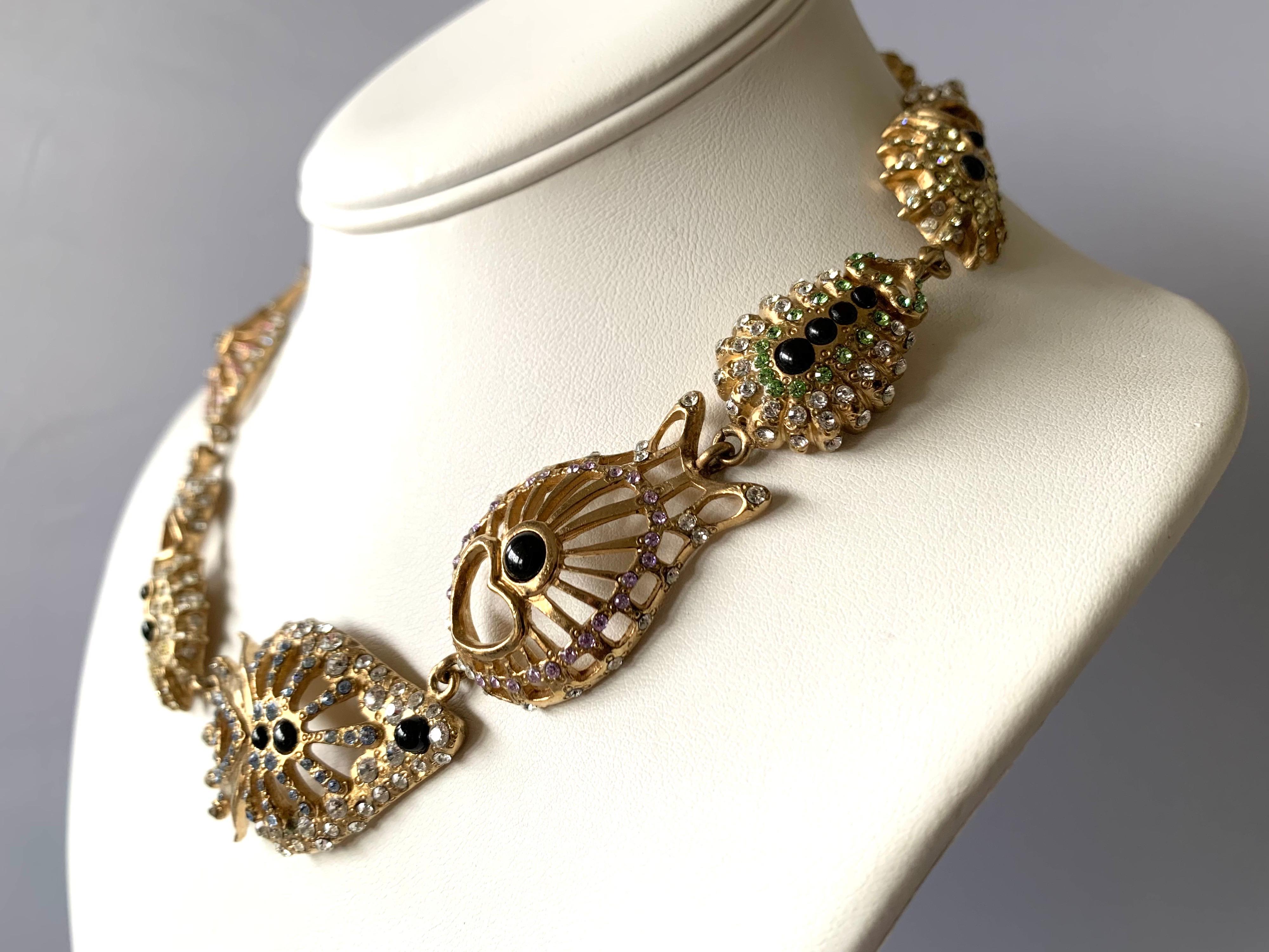 Exquisite vintage Christian Lacroix jeweled three-dimensional statement necklace comprised out of gilt metal 