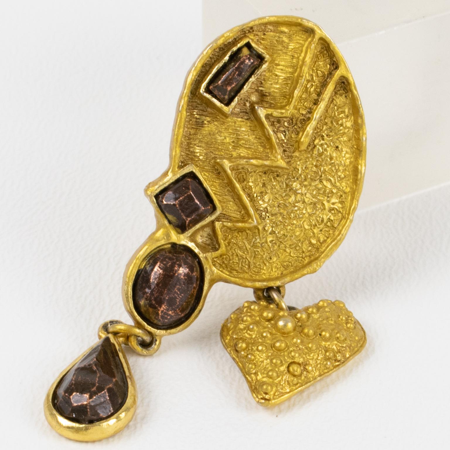 Christian Lacroix Modernist Gilt Metal Pin Brooch with Bronze Cabochons In Good Condition For Sale In Atlanta, GA