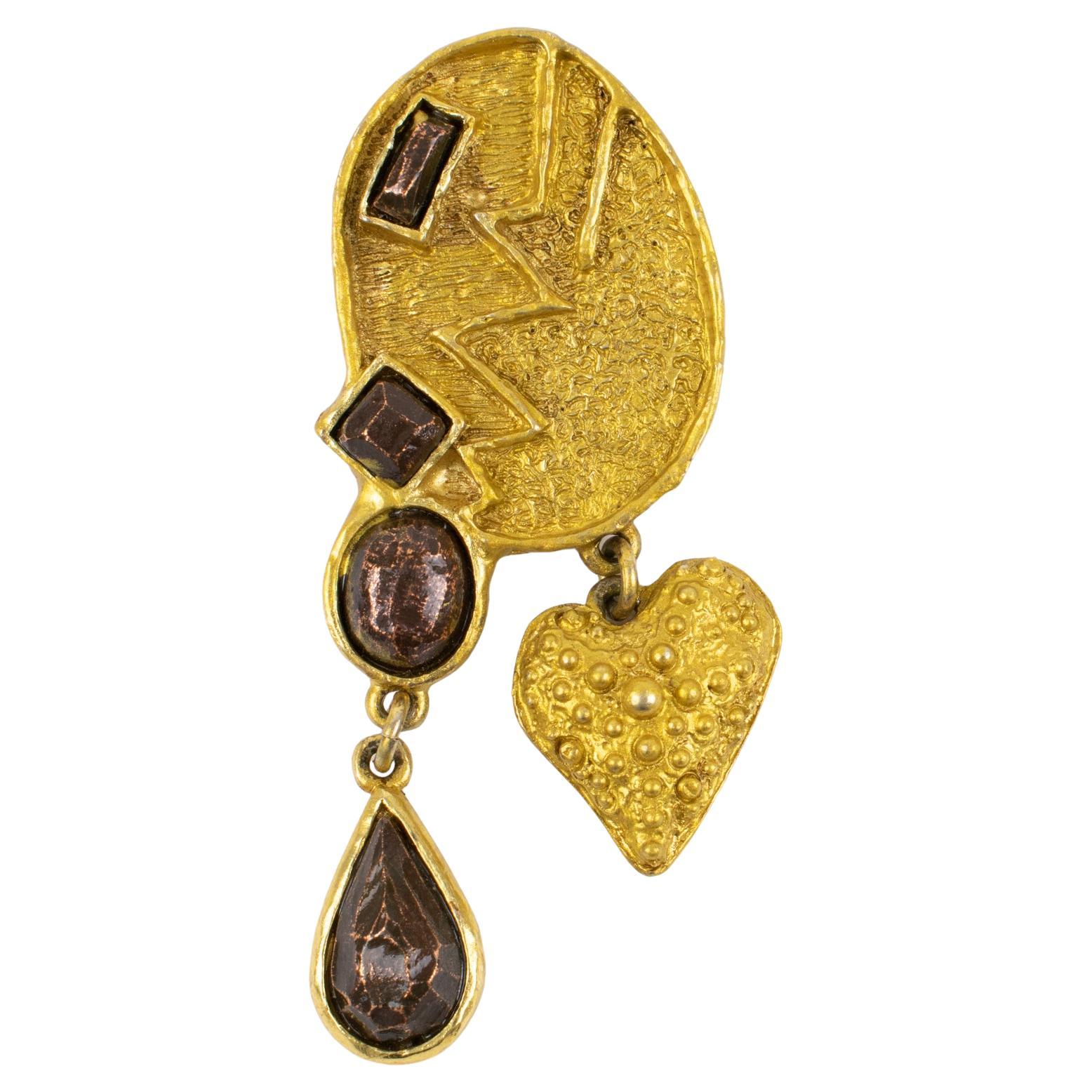 Christian Lacroix Modernist Gilt Metal Pin Brooch with Bronze Cabochons