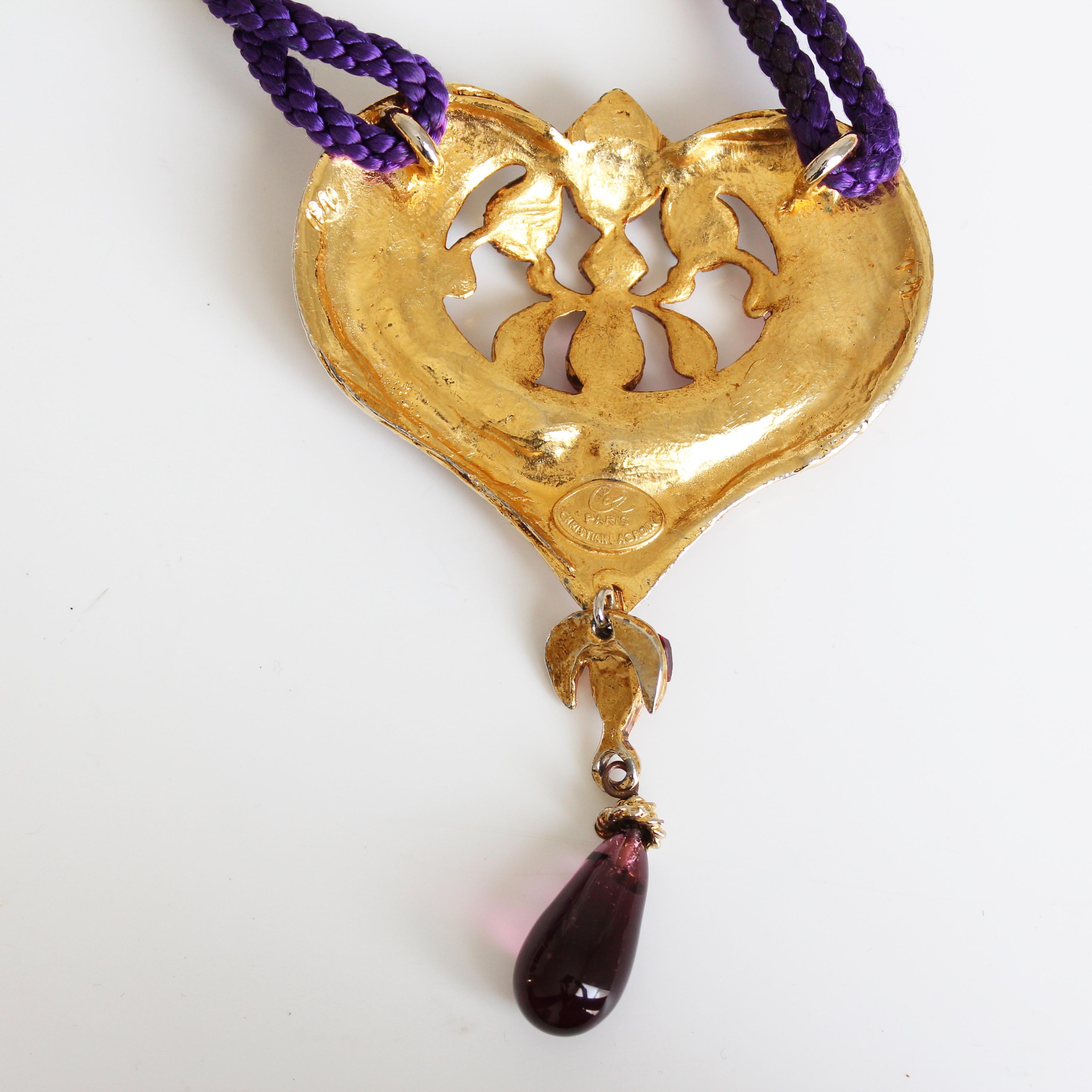 Christian Lacroix Necklace Large Statement Heart Pendant Glass Cabochons Rare For Sale 7