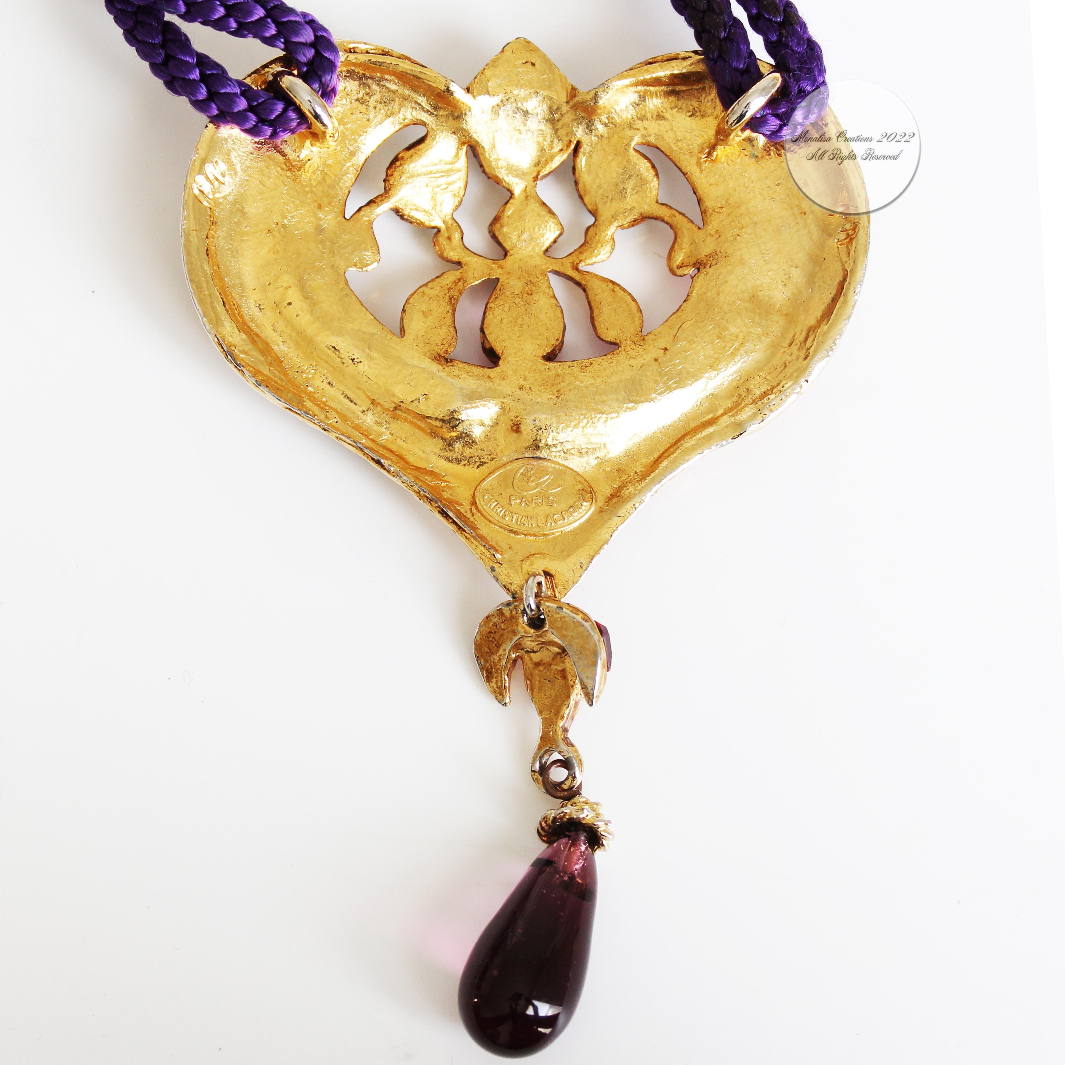 Christian Lacroix Necklace Large Statement Heart Pendant Glass Cabochons Rare For Sale 8