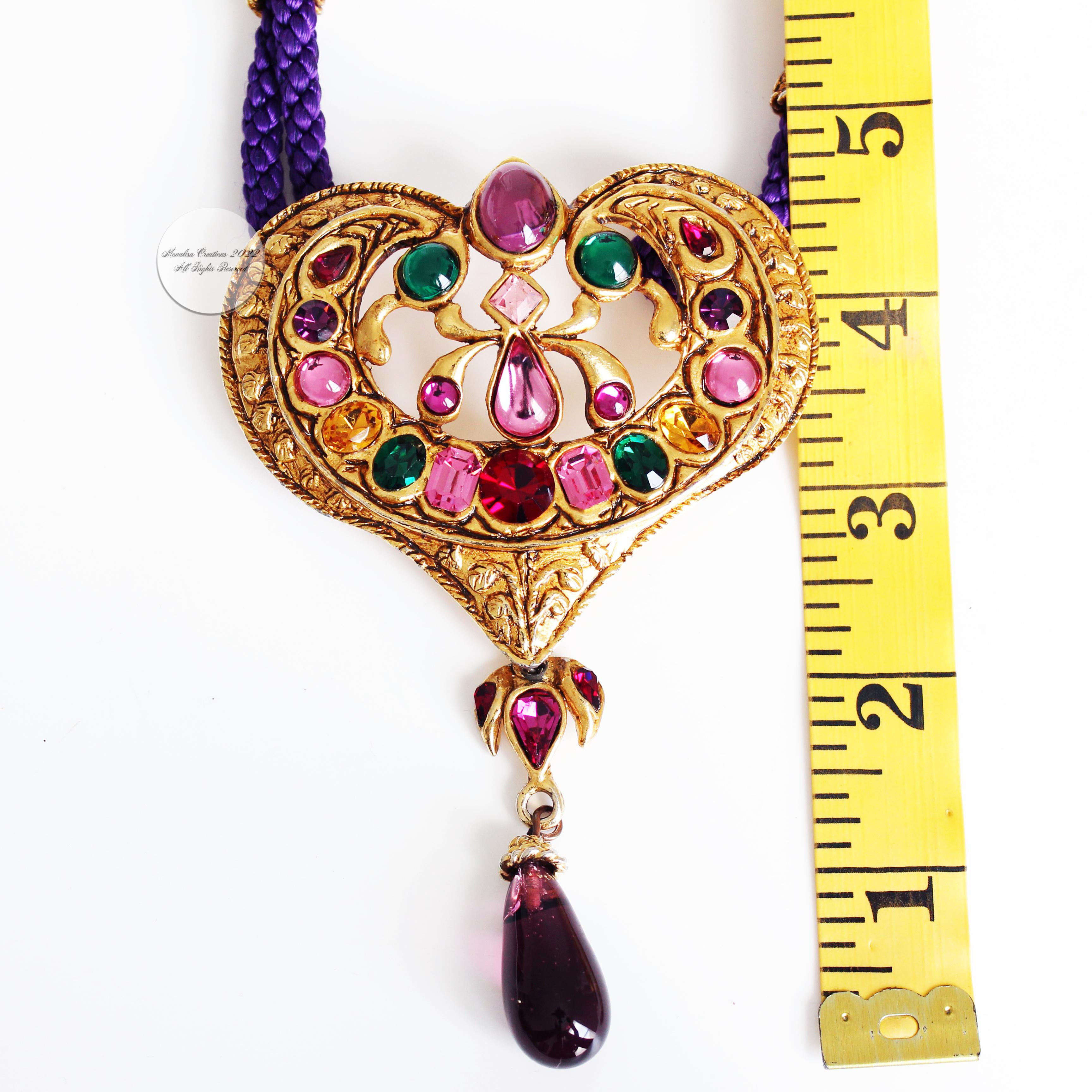 Contemporary Christian Lacroix Necklace Large Statement Heart Pendant Glass Cabochons Rare For Sale