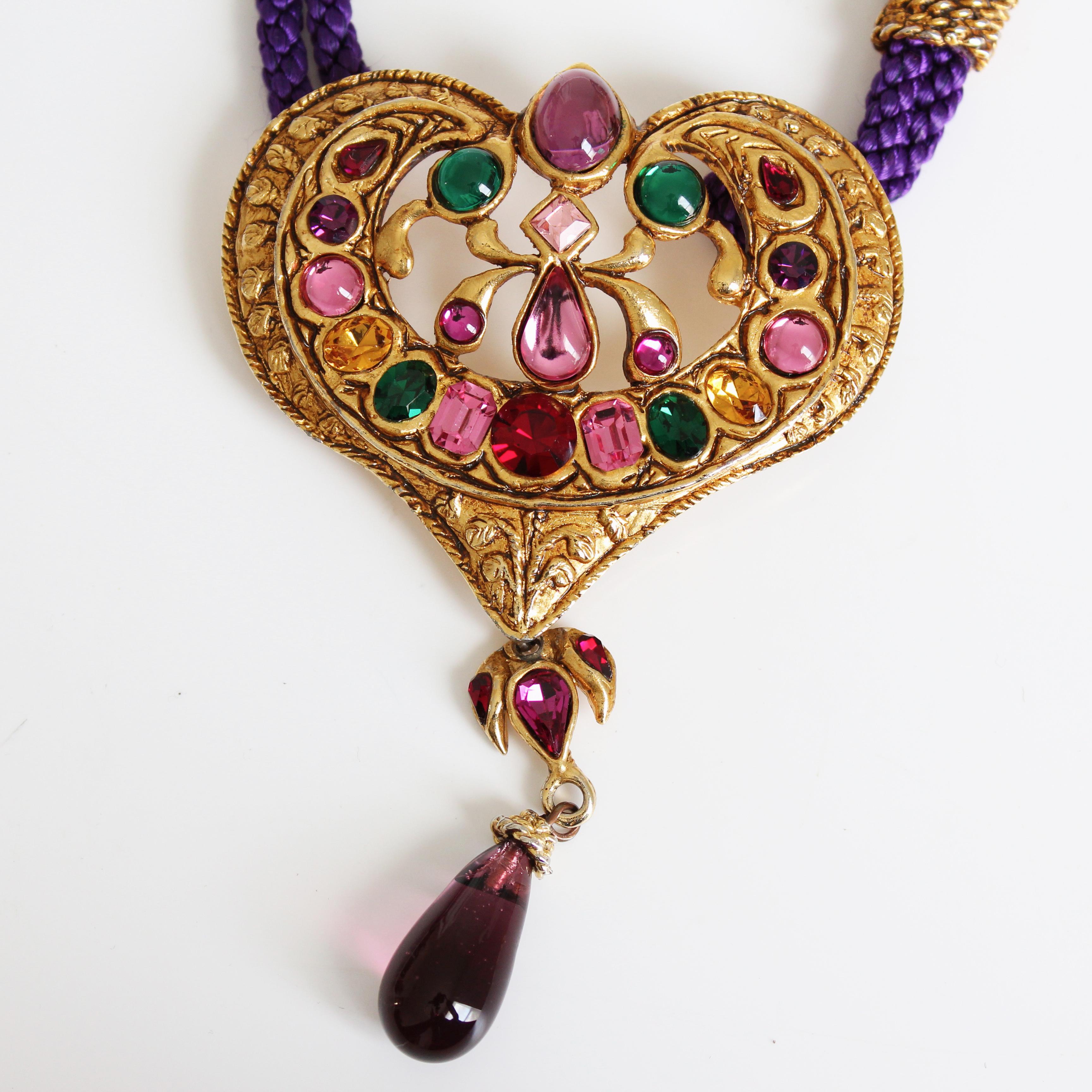 Christian Lacroix Necklace Large Statement Heart Pendant Glass Cabochons Rare For Sale 1