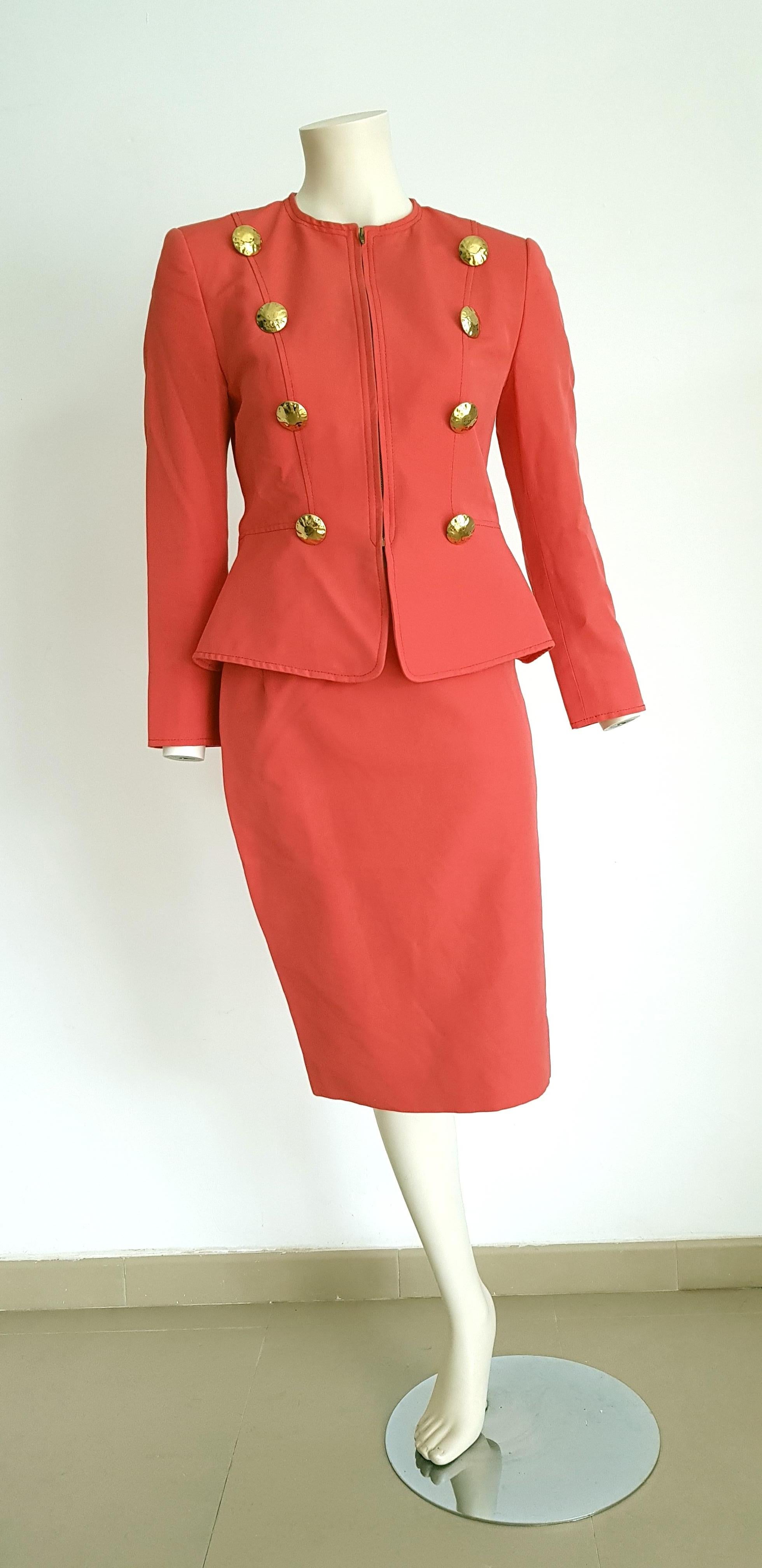 Christian LACROIX jacket and skirt cotton salmon color suit - Unworn, New

SIZE: equivalent to about Small / Medium, please review approx measurements as follows in cm. 
JACKET: lenght 61, chest underarm to underarm 47, bust circumference 84,