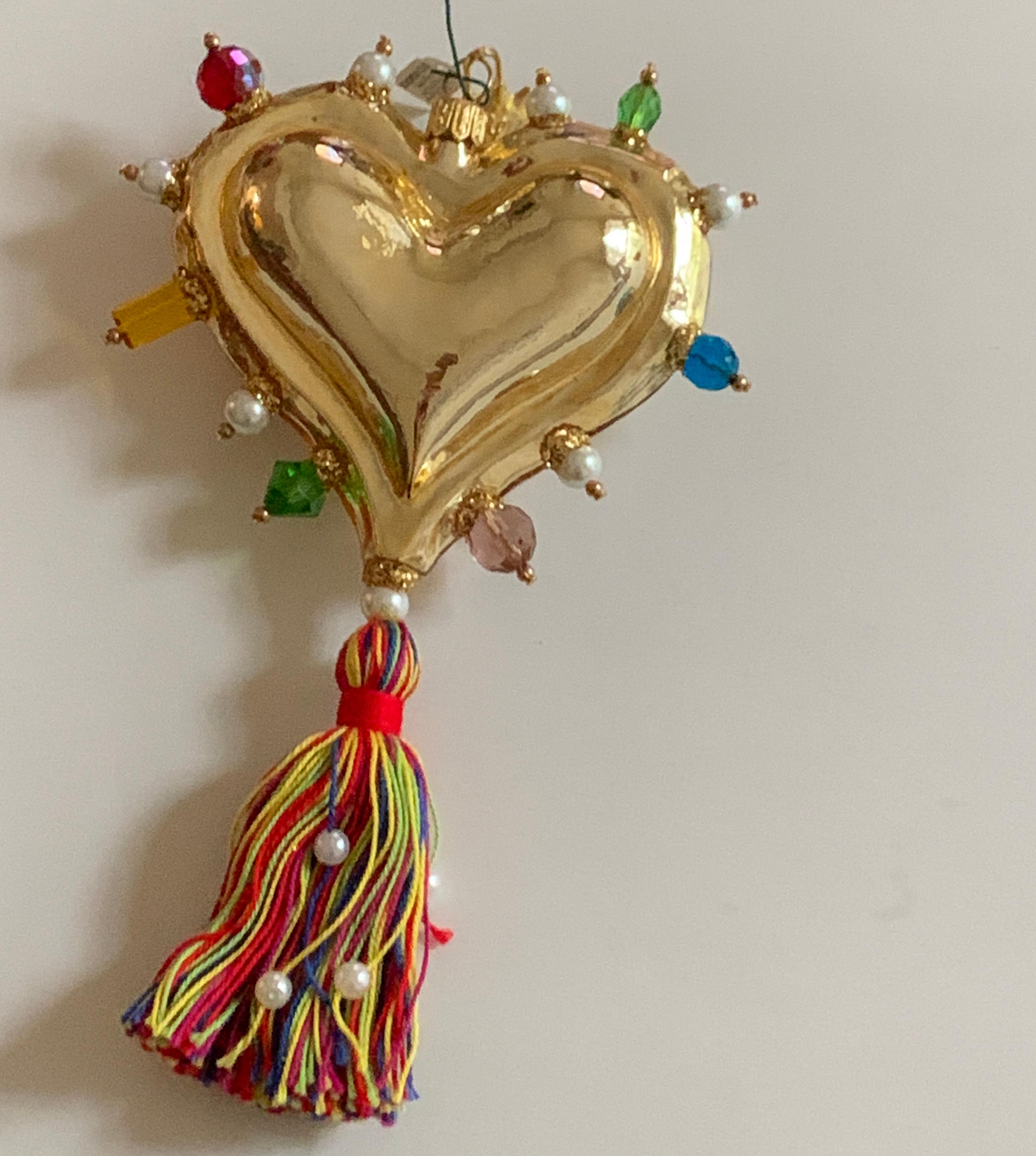 Brown Christian Lacroix New Gold Hand Blown Glass Heart Ornament with Tassel