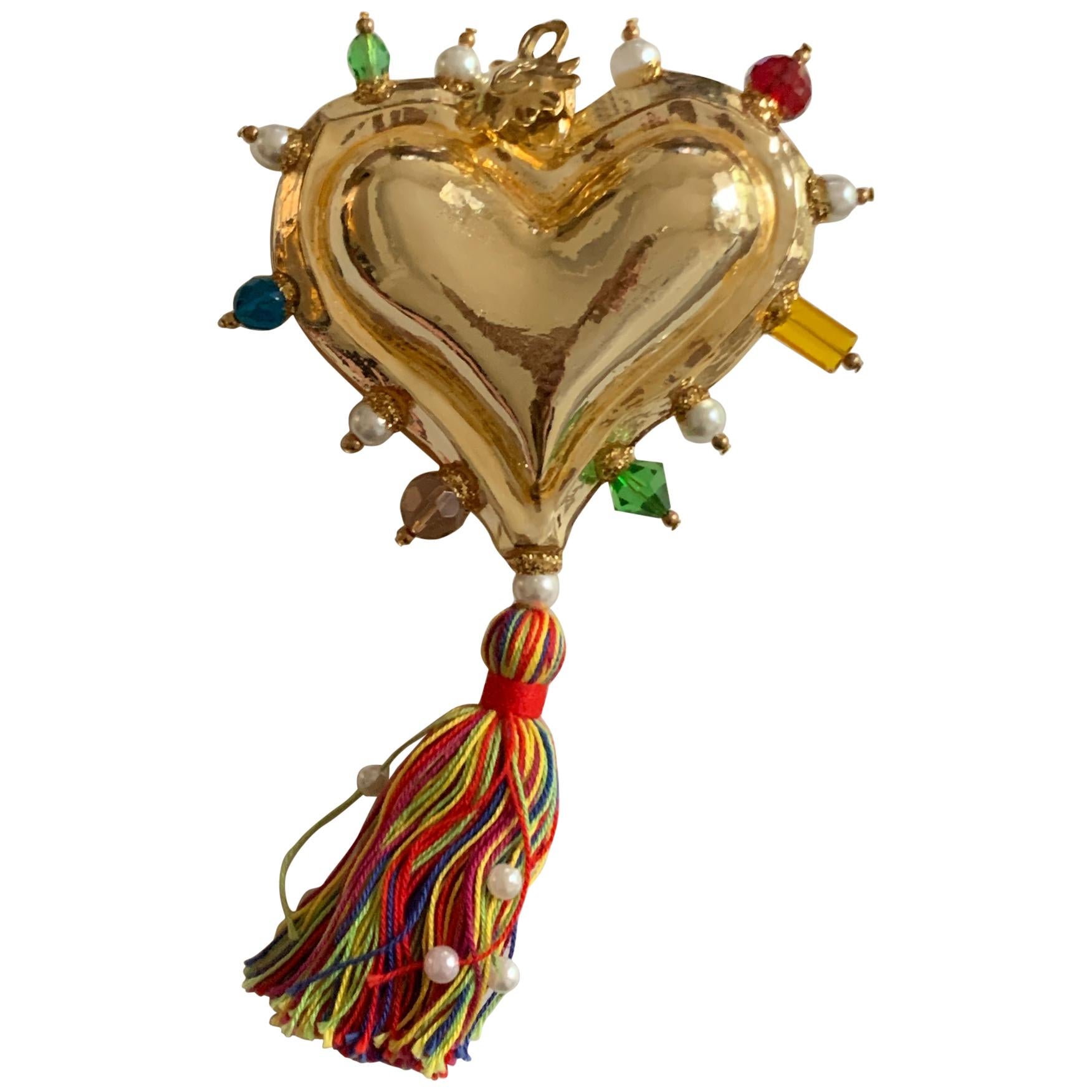 Christian Lacroix New Gold Hand Blown Glass Heart Ornament with Tassel