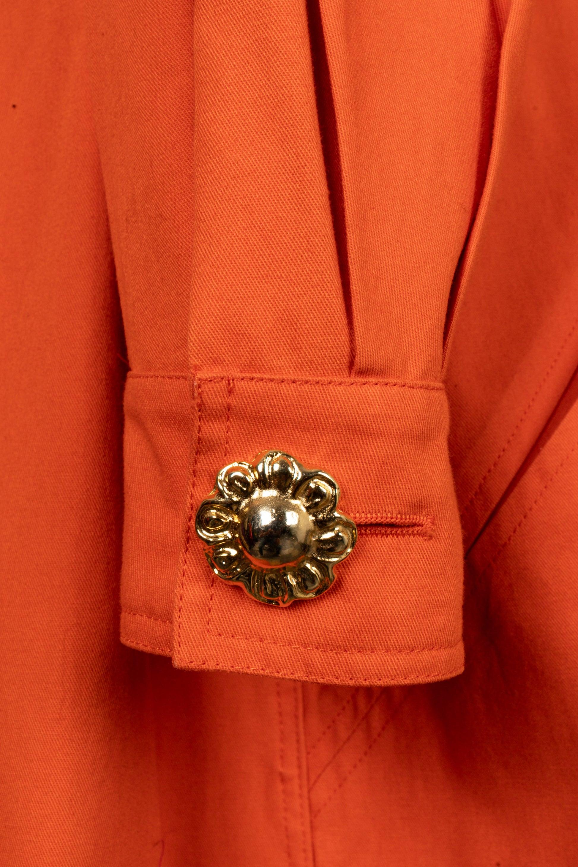 Christian Lacroix Orange Cotton Coat Ornamented with Golden Metal Buttons For Sale 3
