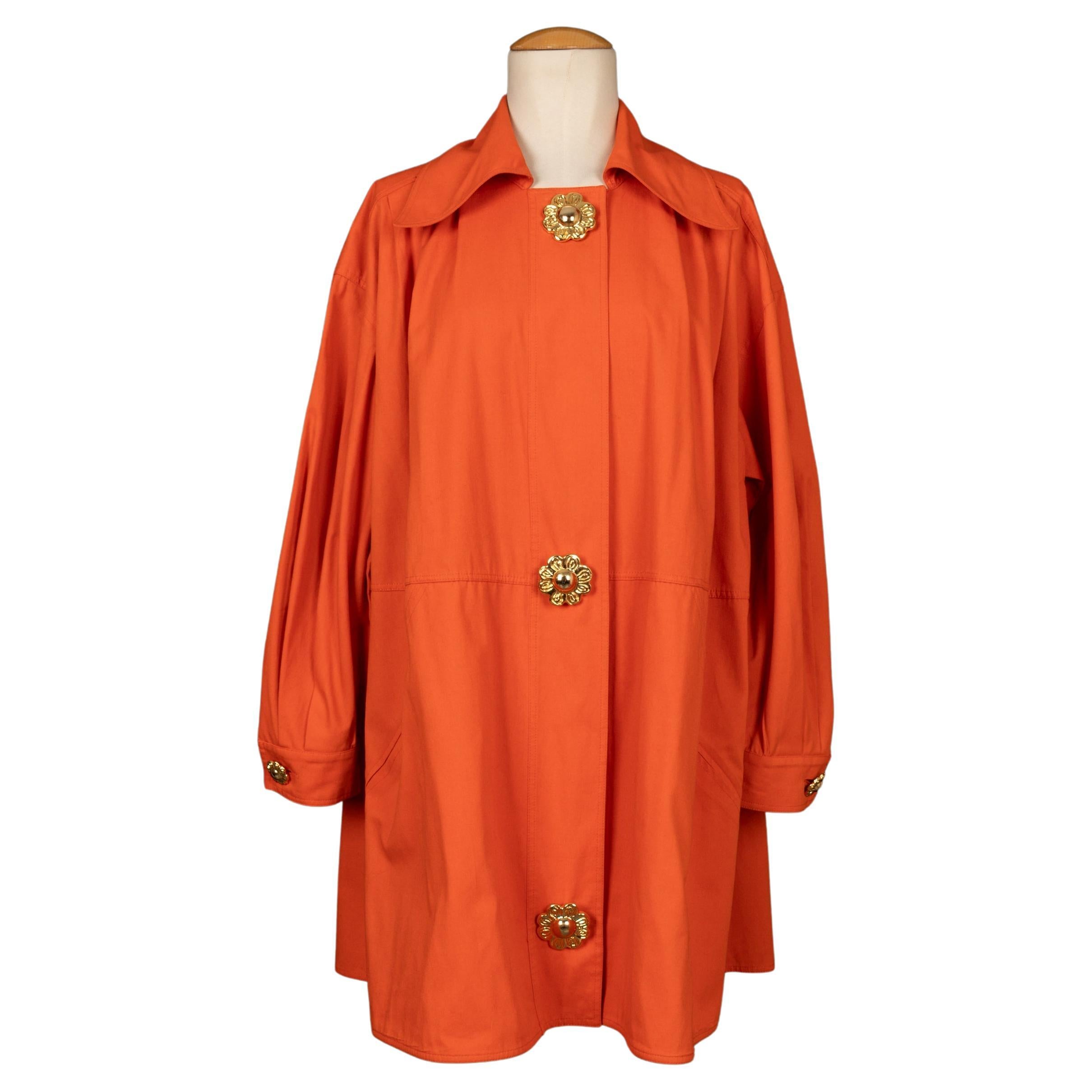 Christian Lacroix Orange Cotton Coat Ornamented with Golden Metal Buttons For Sale