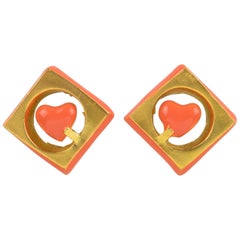 Christian Lacroix Orange Enamel Heart Clip Earrings