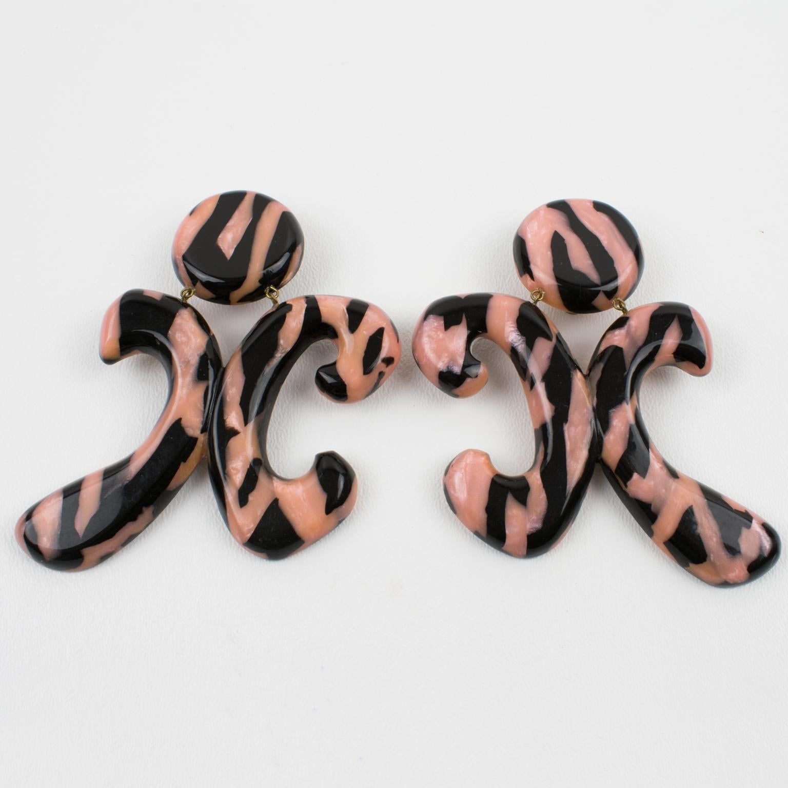 Modernist Christian Lacroix Massive Resin Clip Earrings Black and Pink Zebra Pattern For Sale