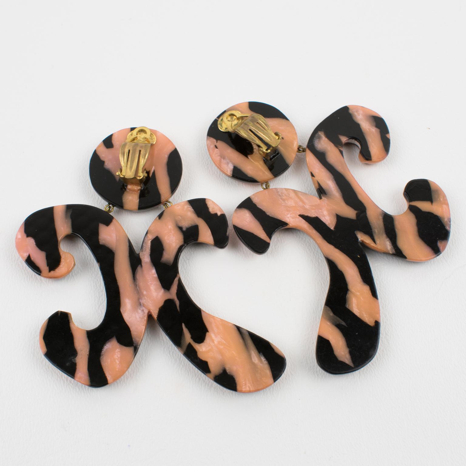 Women's Christian Lacroix Massive Resin Clip Earrings Black and Pink Zebra Pattern For Sale